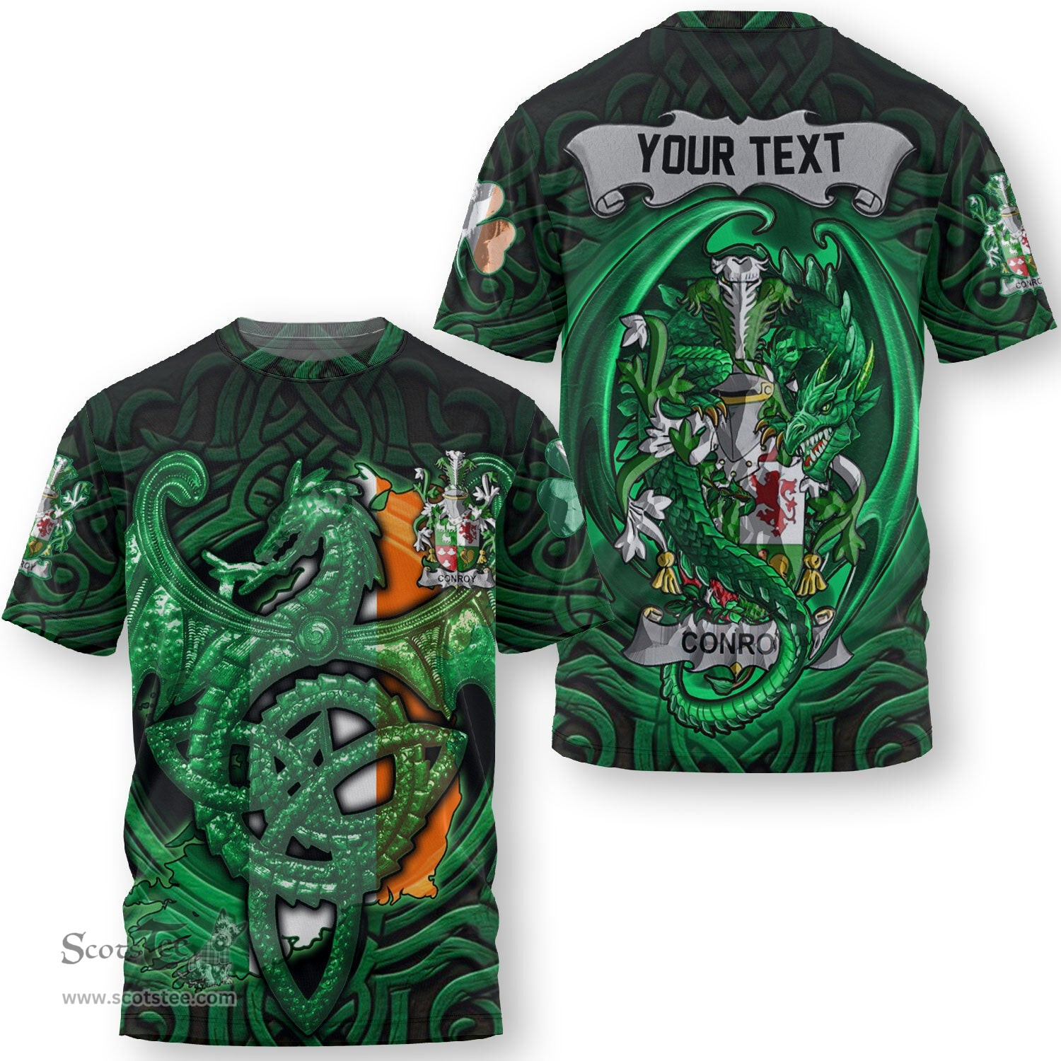 ScotsTee Shop Irish Conroy or O Conry Coat of Arms Irish T Shirt Family Crest Green Dragon Of Ireland T Shirt