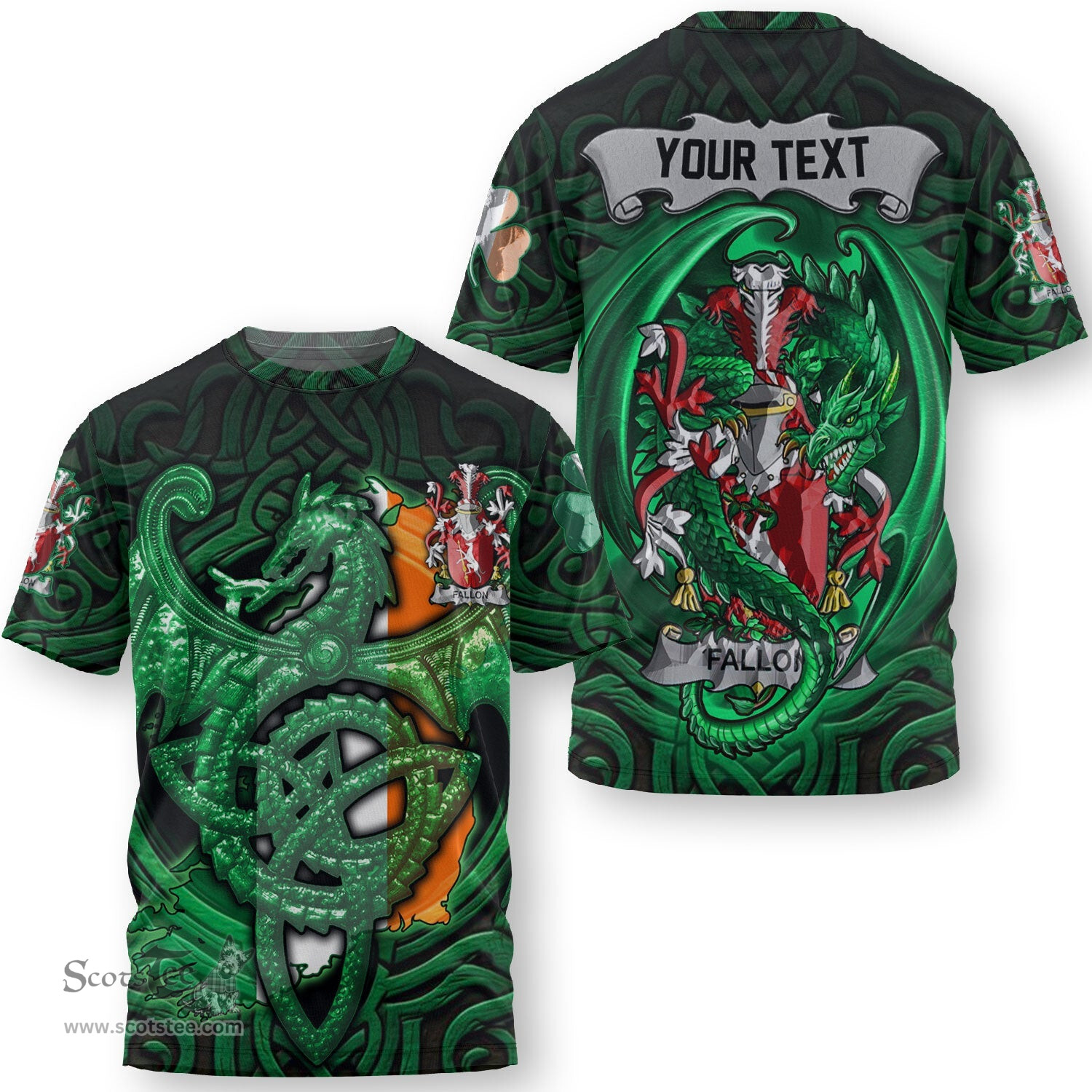 ScotsTee Shop Irish Falkiner Coat of Arms Irish T Shirt Family Crest Green Dragon Of Ireland T Shirt