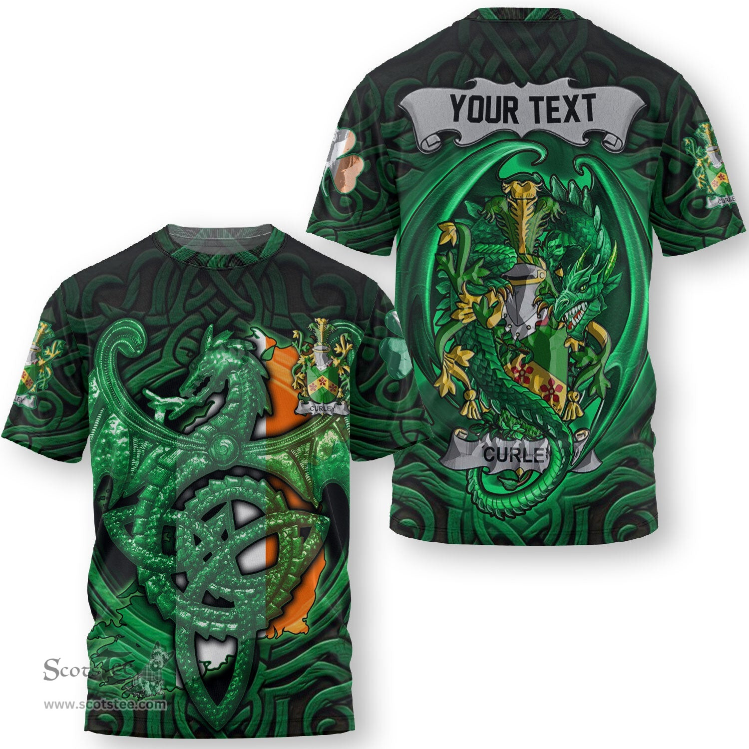 ScotsTee Shop Irish Curley or McTurley Coat of Arms Irish T Shirt Family Crest Green Dragon Of Ireland T Shirt