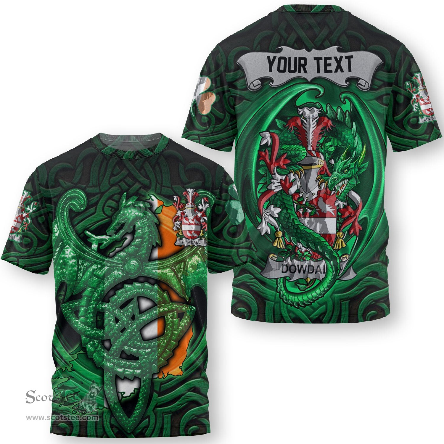ScotsTee Shop Irish Dowd or O Dowd Coat of Arms Irish T Shirt Family Crest Green Dragon Of Ireland T Shirt