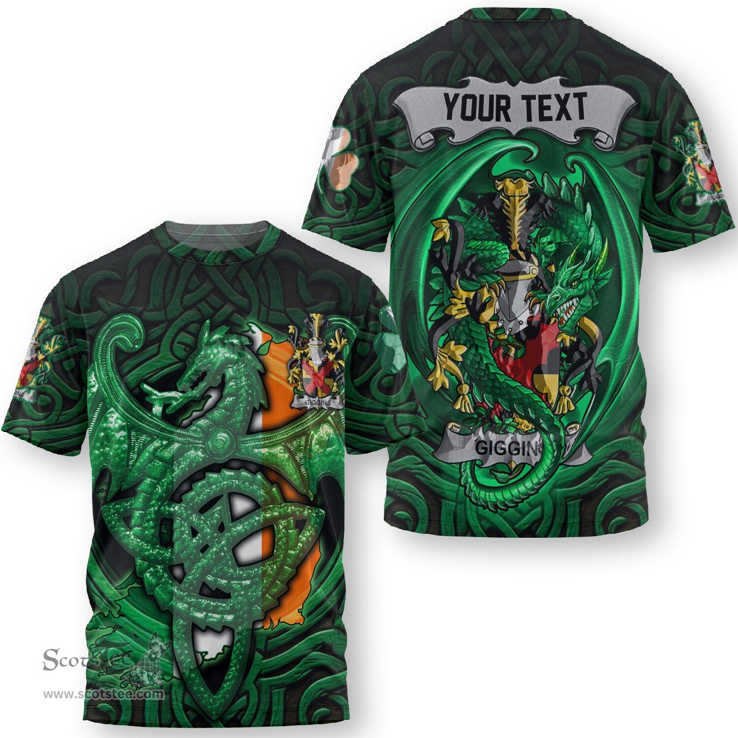 ScotsTee Shop Irish Gifford Coat of Arms Irish T Shirt Family Crest Green Dragon Of Ireland T Shirt
