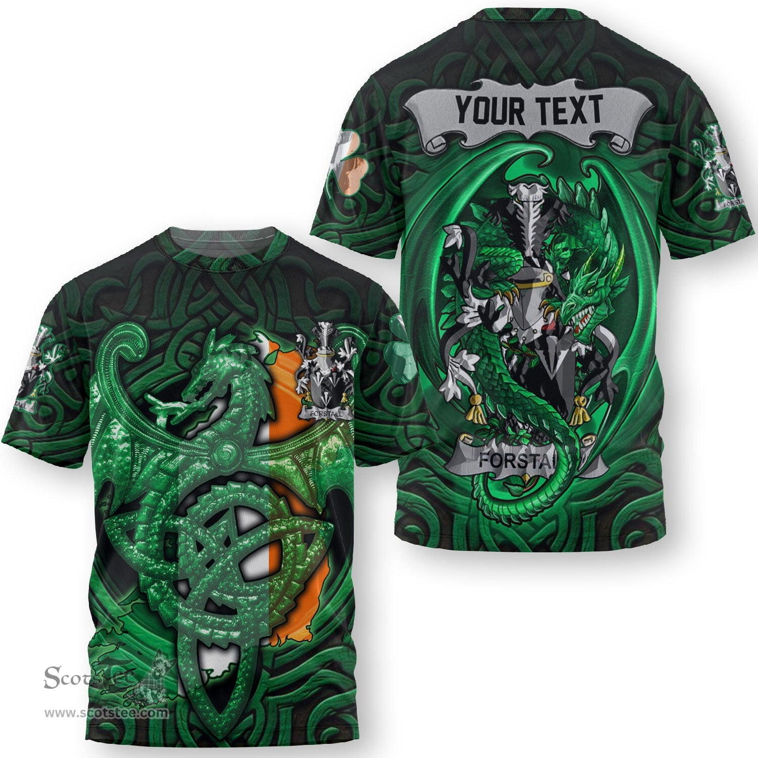 ScotsTee Shop Irish Forde or Consnave Coat of Arms Irish T Shirt Family Crest Green Dragon Of Ireland T Shirt