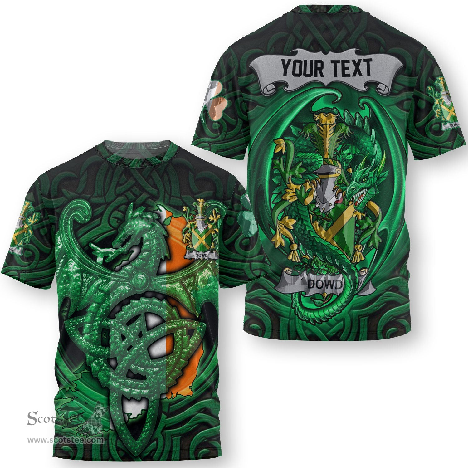 ScotsTee Shop Irish Douse or Dowse Coat of Arms Irish T Shirt Family Crest Green Dragon Of Ireland T Shirt