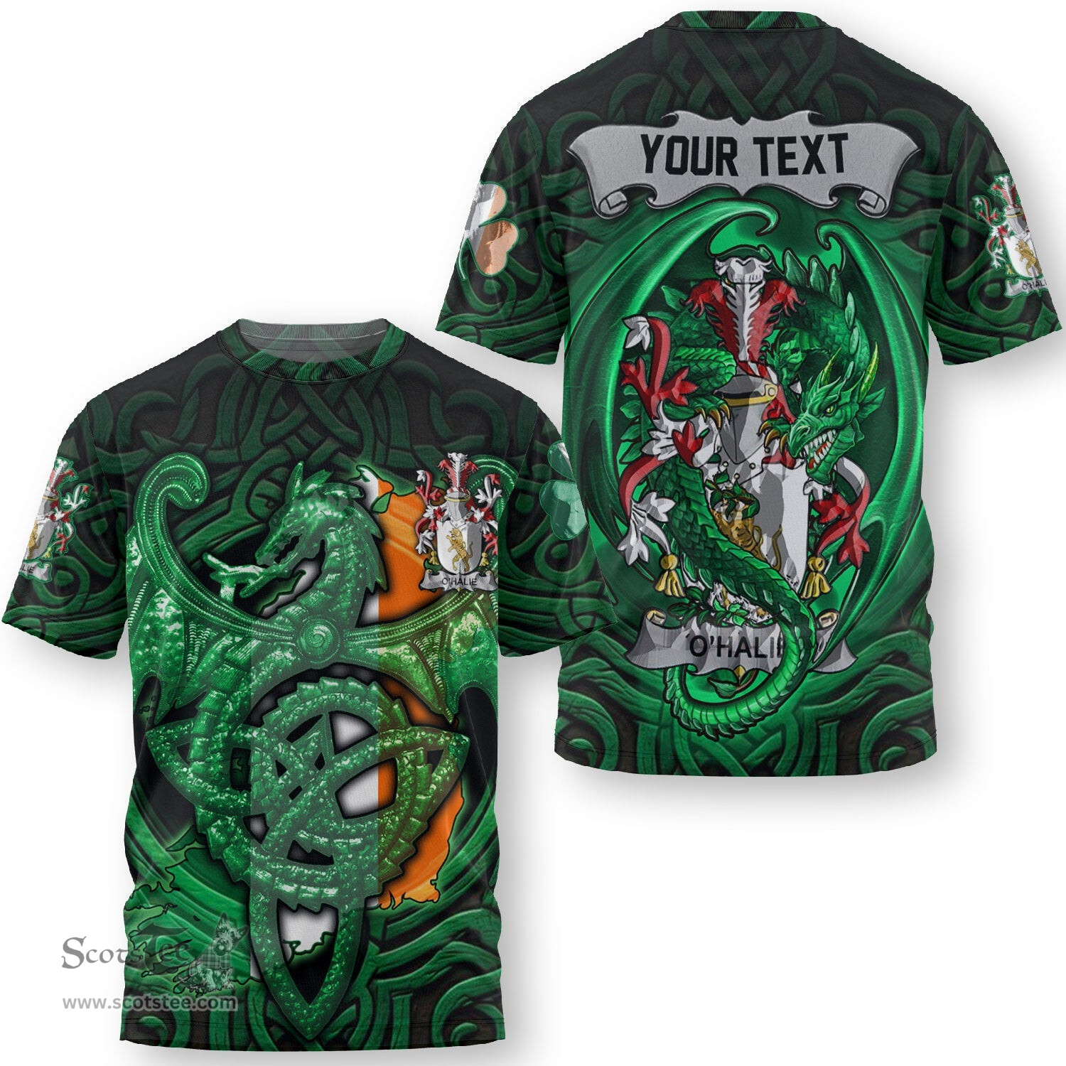 ScotsTee Shop Irish Hale or McHale Coat of Arms Irish T Shirt Family Crest Green Dragon Of Ireland T Shirt