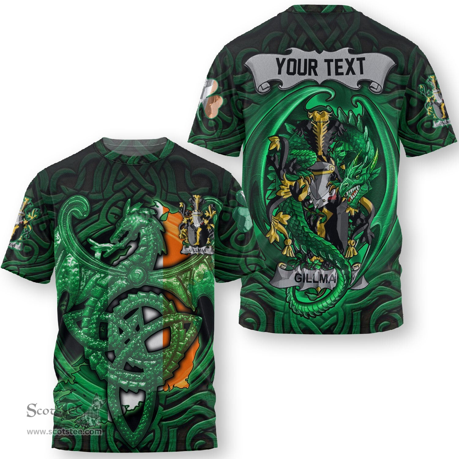 ScotsTee Shop Irish Gilligan or McGilligan Coat of Arms Irish T Shirt Family Crest Green Dragon Of Ireland T Shirt