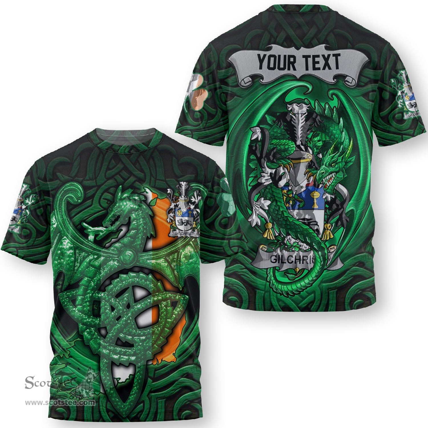 ScotsTee Shop Irish Gilbert Coat of Arms Irish T Shirt Family Crest Green Dragon Of Ireland T Shirt