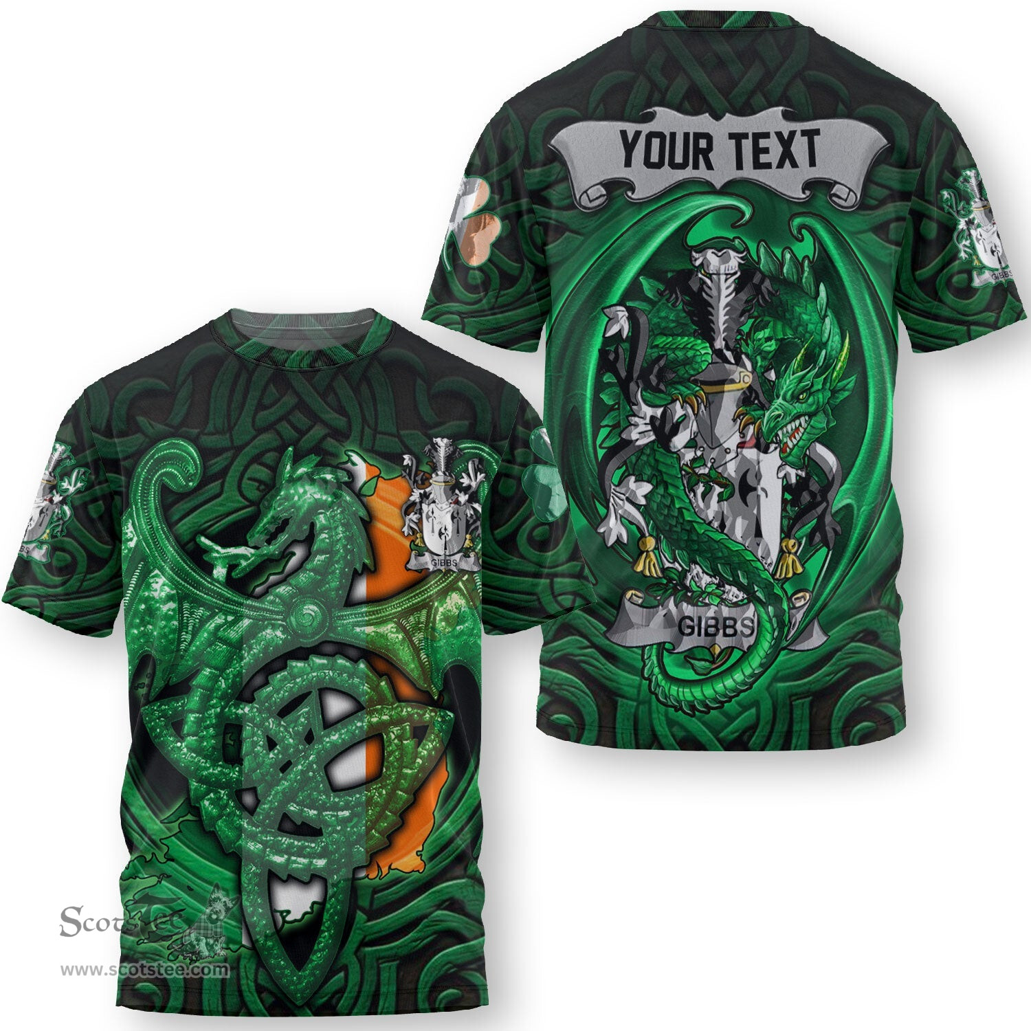 ScotsTee Shop Irish Gibbons or McGibbons Coat of Arms Irish T Shirt Family Crest Green Dragon Of Ireland T Shirt