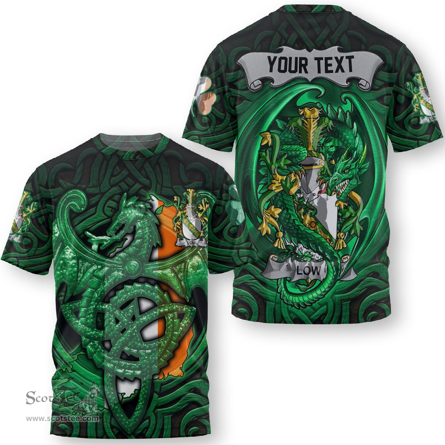 ScotsTee Shop Irish Lovett Coat of Arms Irish T Shirt Family Crest Green Dragon Of Ireland T Shirt