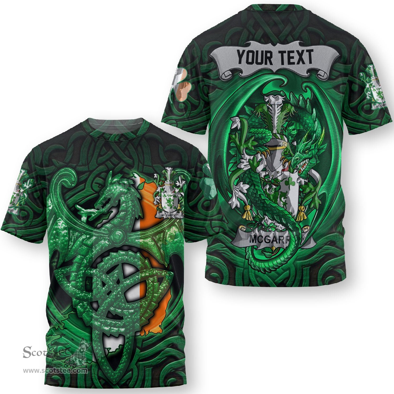 ScotsTee Shop Irish McGann or Magan Coat of Arms Irish T Shirt Family Crest Green Dragon Of Ireland T Shirt