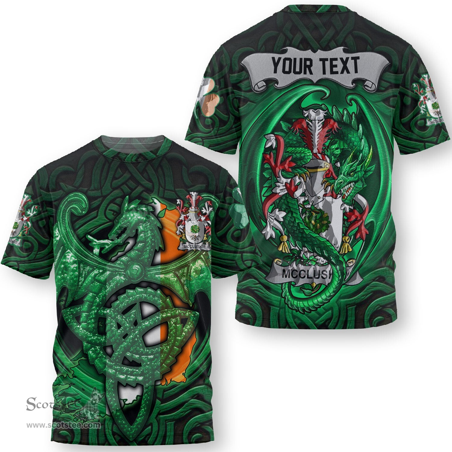 ScotsTee Shop Irish McClure Coat of Arms Irish T Shirt Family Crest Green Dragon Of Ireland T Shirt