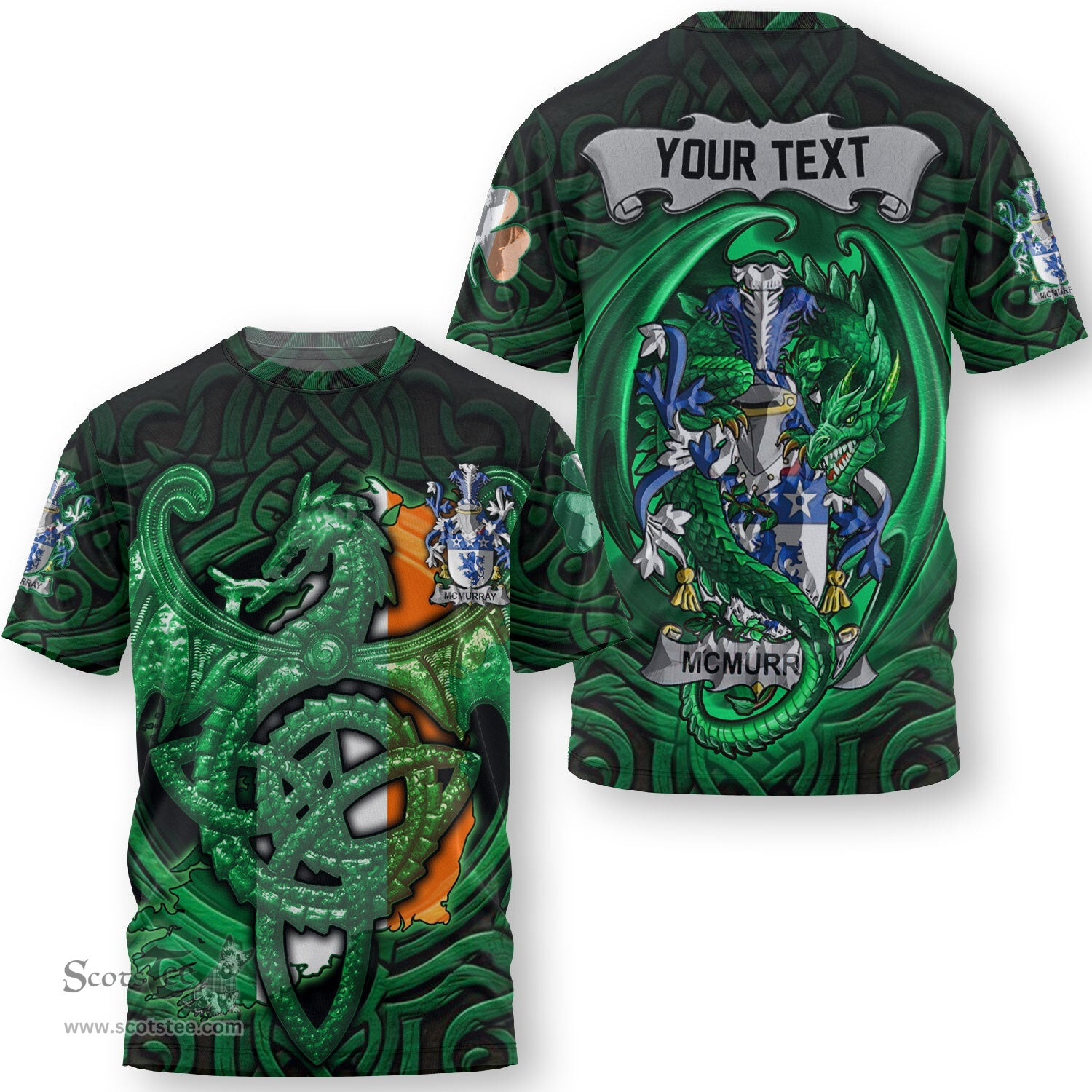 ScotsTee Shop Irish McMorris or McMoresh Coat of Arms Irish T Shirt Family Crest Green Dragon Of Ireland T Shirt