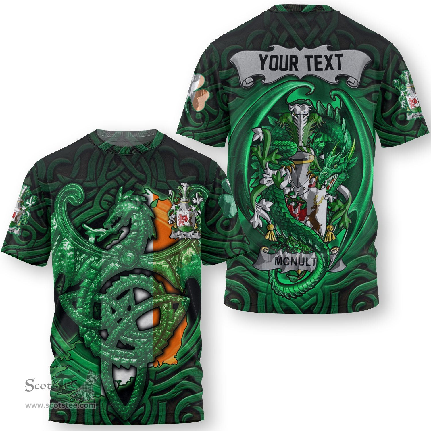 ScotsTee Shop Irish McNamara Coat of Arms Irish T Shirt Family Crest Green Dragon Of Ireland T Shirt
