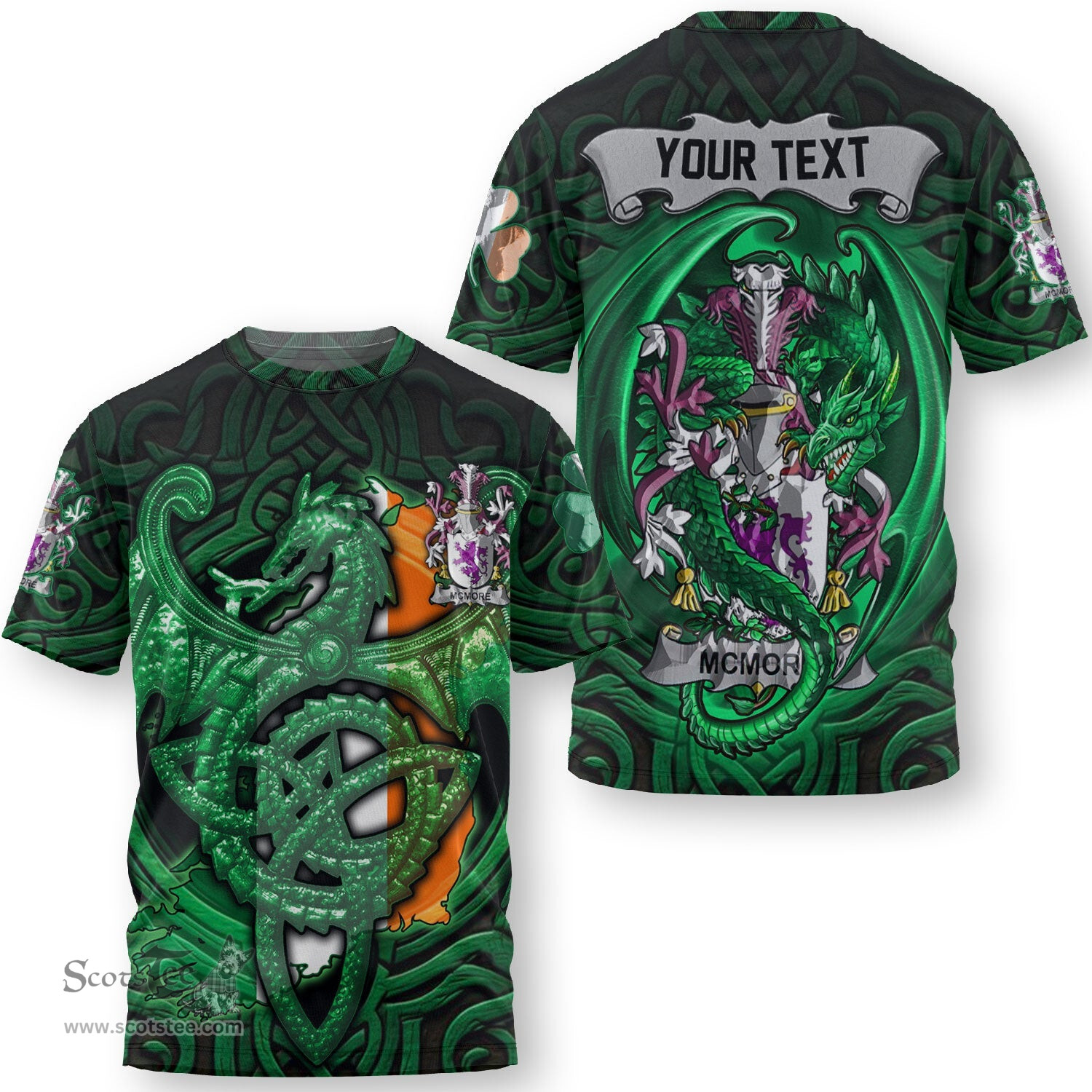 ScotsTee Shop Irish McMillan Coat of Arms Irish T Shirt Family Crest Green Dragon Of Ireland T Shirt