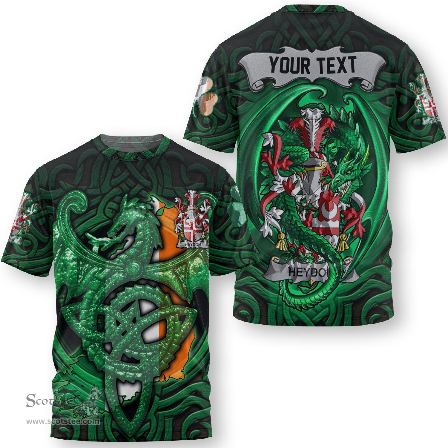 ScotsTee Shop Irish Hewson Coat of Arms Irish T Shirt Family Crest Green Dragon Of Ireland T Shirt