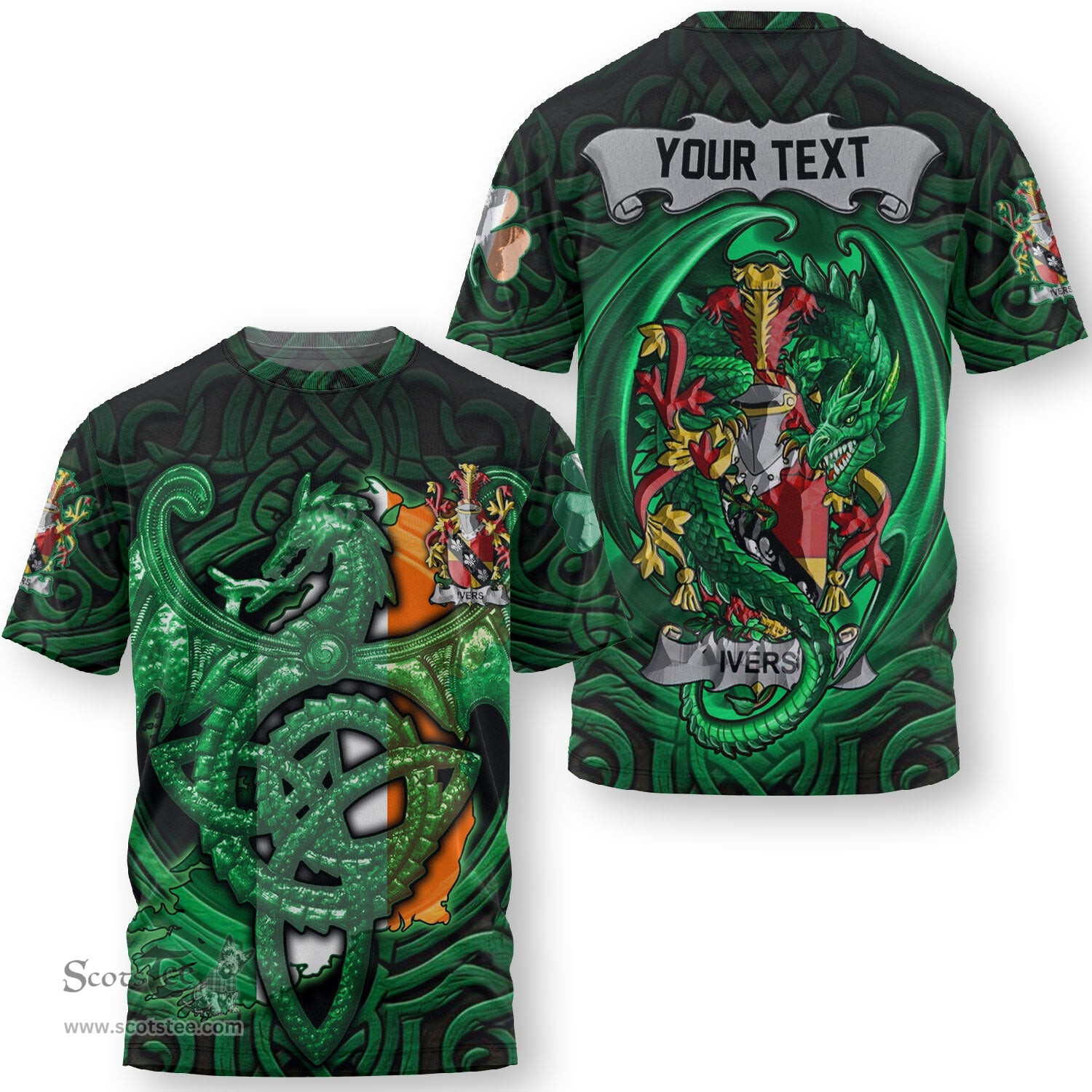 ScotsTee Shop Irish Irwin Coat of Arms Irish T Shirt Family Crest Green Dragon Of Ireland T Shirt