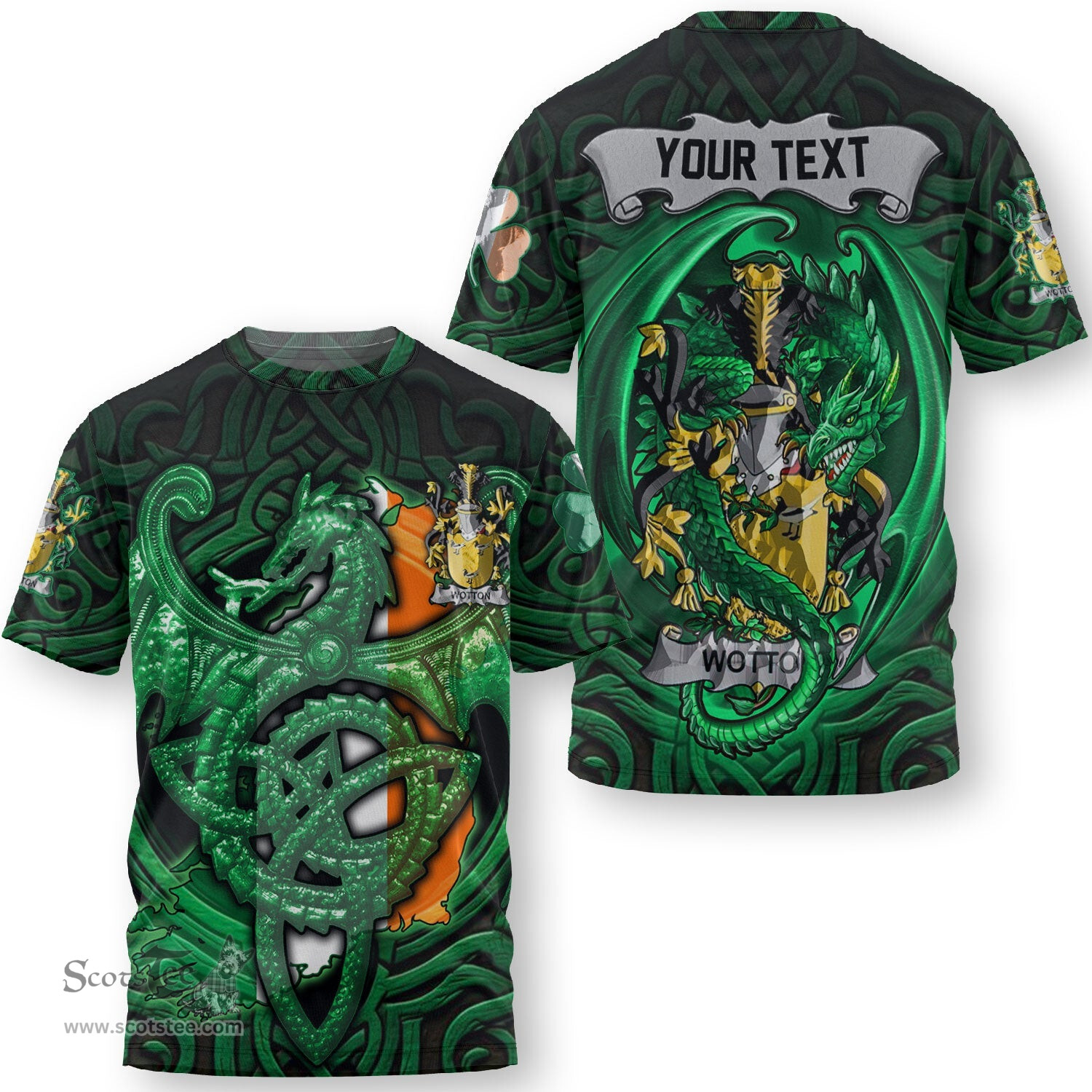 ScotsTee Shop Irish Worthing Coat of Arms Irish T Shirt Family Crest Green Dragon Of Ireland T Shirt