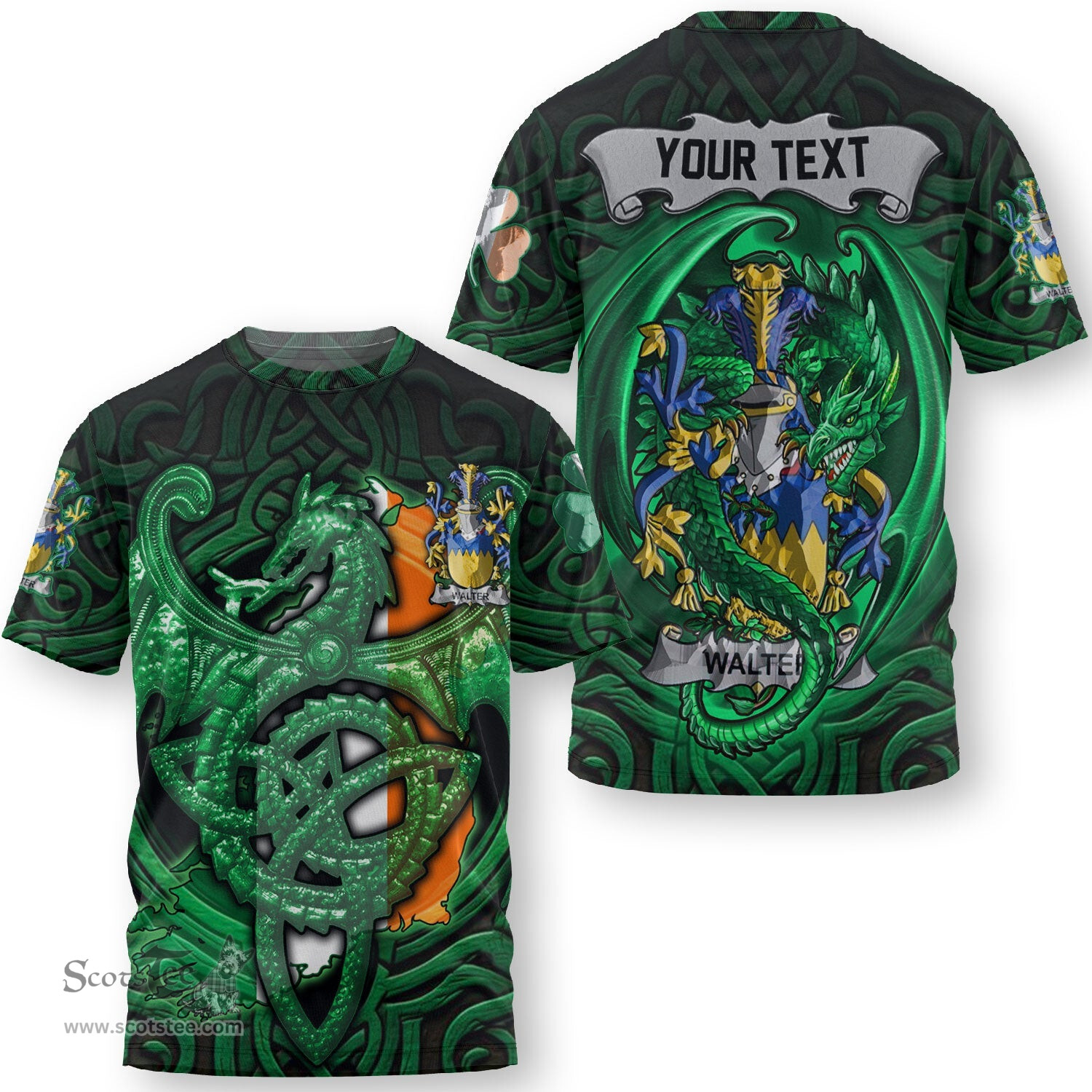 ScotsTee Shop Irish Walsh Coat of Arms Irish T Shirt Family Crest Green Dragon Of Ireland T Shirt