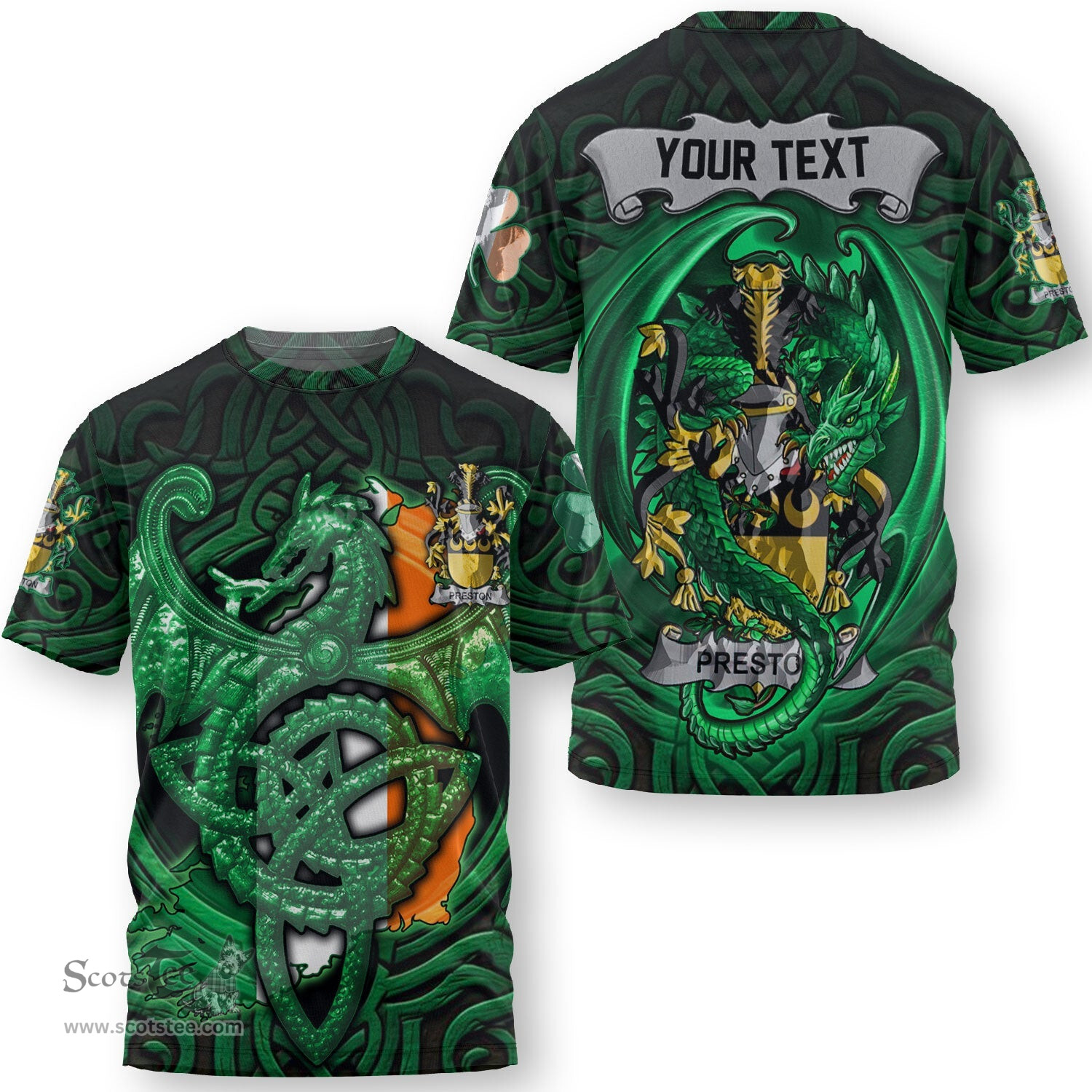 ScotsTee Shop Irish Prendergast Coat of Arms Irish T Shirt Family Crest Green Dragon Of Ireland T Shirt