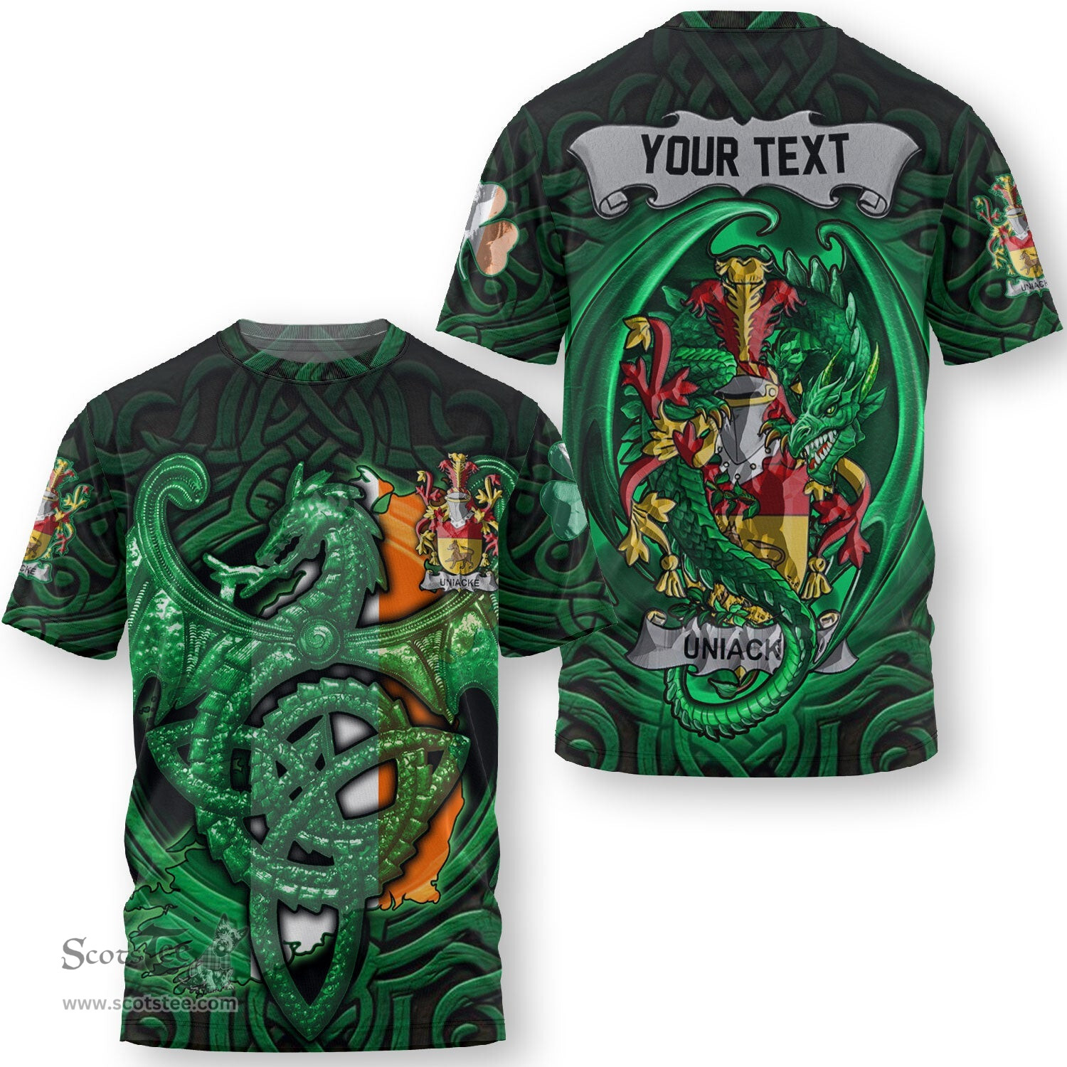 ScotsTee Shop Irish Underwood Coat of Arms Irish T Shirt Family Crest Green Dragon Of Ireland T Shirt