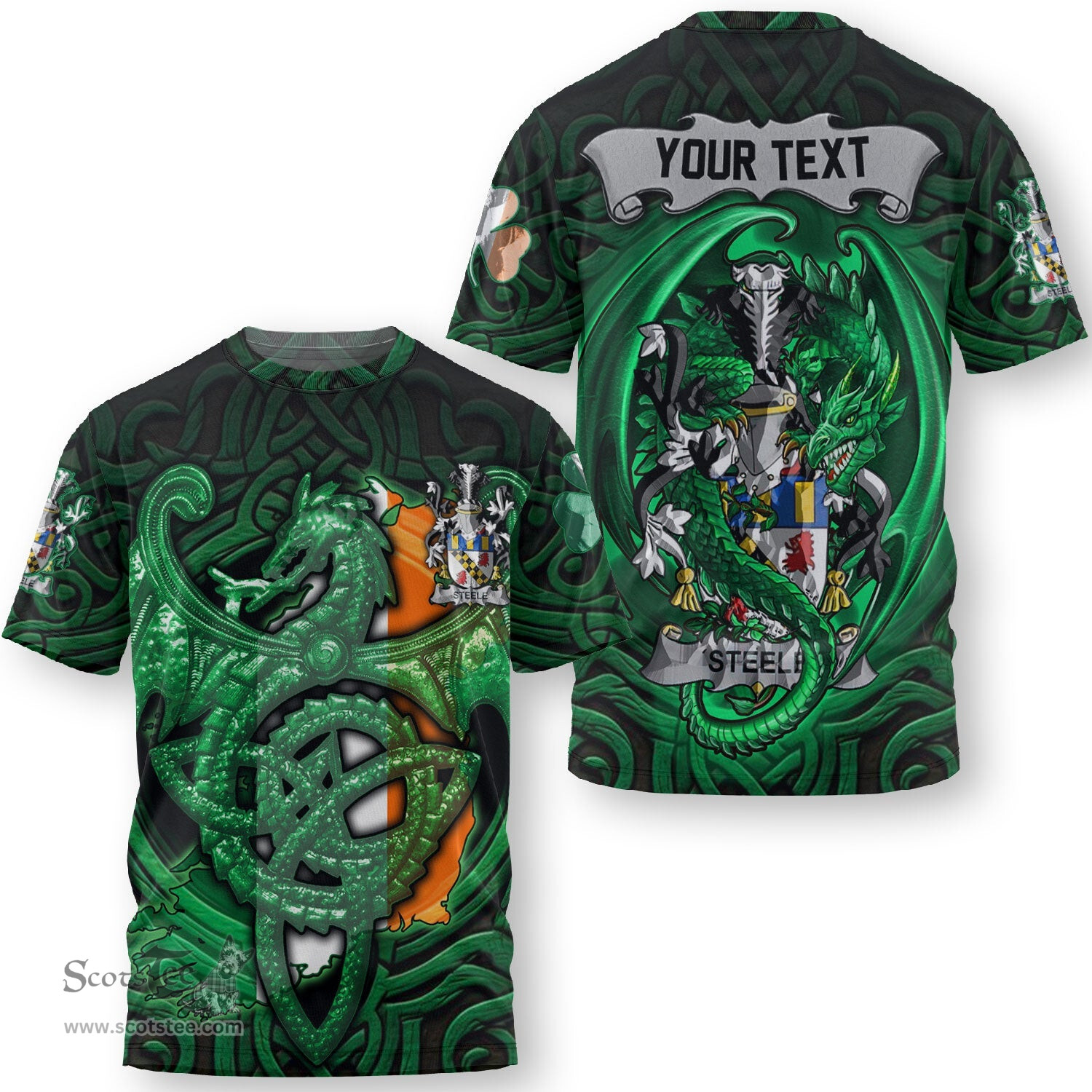ScotsTee Shop Irish Stawell Coat of Arms Irish T Shirt Family Crest Green Dragon Of Ireland T Shirt