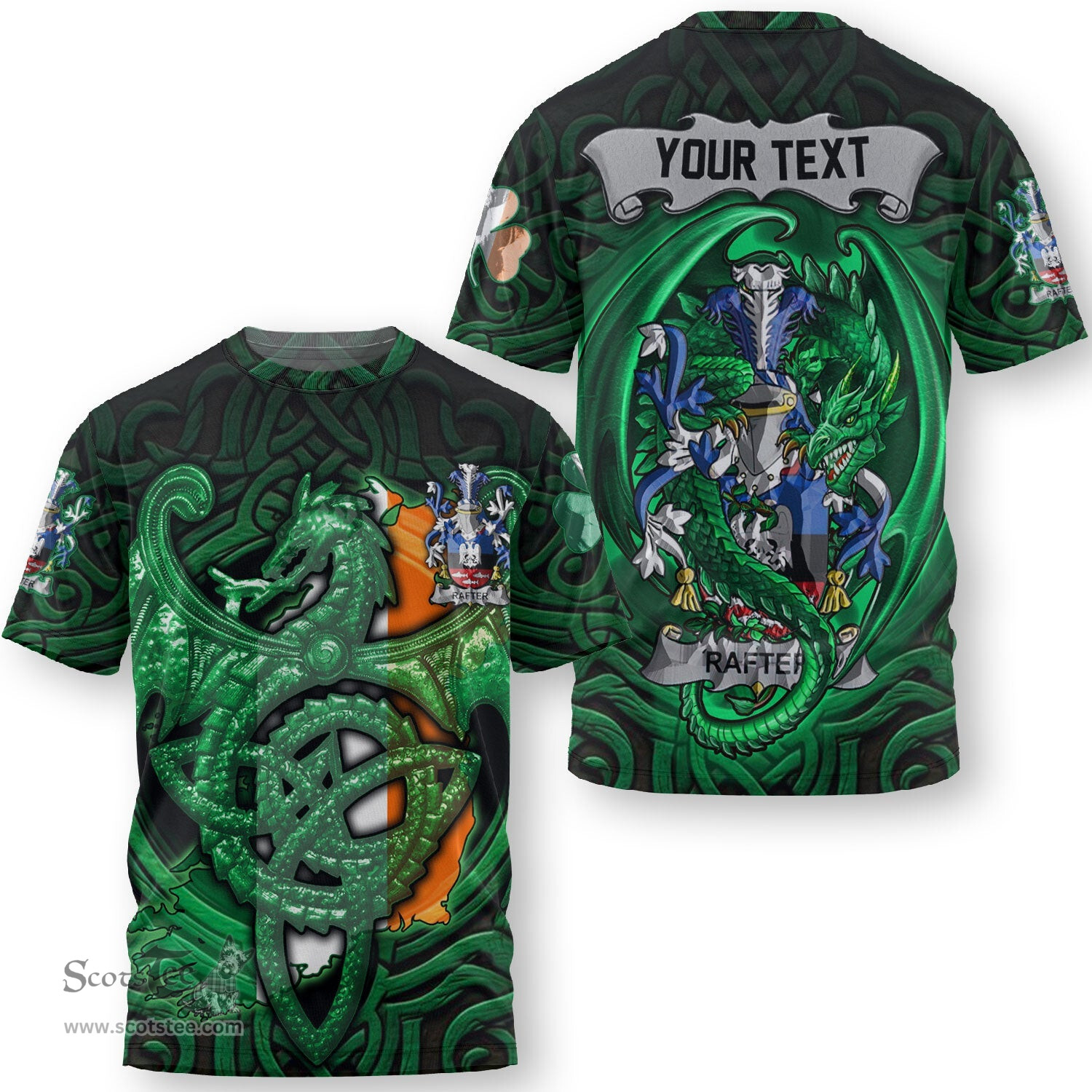 ScotsTee Shop Irish Rafferty or O Rafferty Coat of Arms Irish T Shirt Family Crest Green Dragon Of Ireland T Shirt