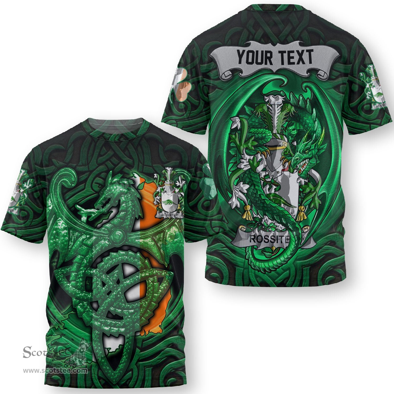 ScotsTee Shop Irish Rooney or O Rooney Coat of Arms Irish T Shirt Family Crest Green Dragon Of Ireland T Shirt
