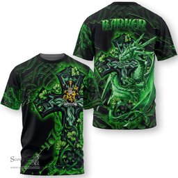 ScotsTee Shop Irish Barker Coat of Arms Irish T Shirt Family Crest Celtic Cross And Dragon T Shirt