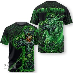 ScotsTee Shop Irish Callander Coat of Arms Irish T Shirt Family Crest Celtic Cross And Dragon T Shirt