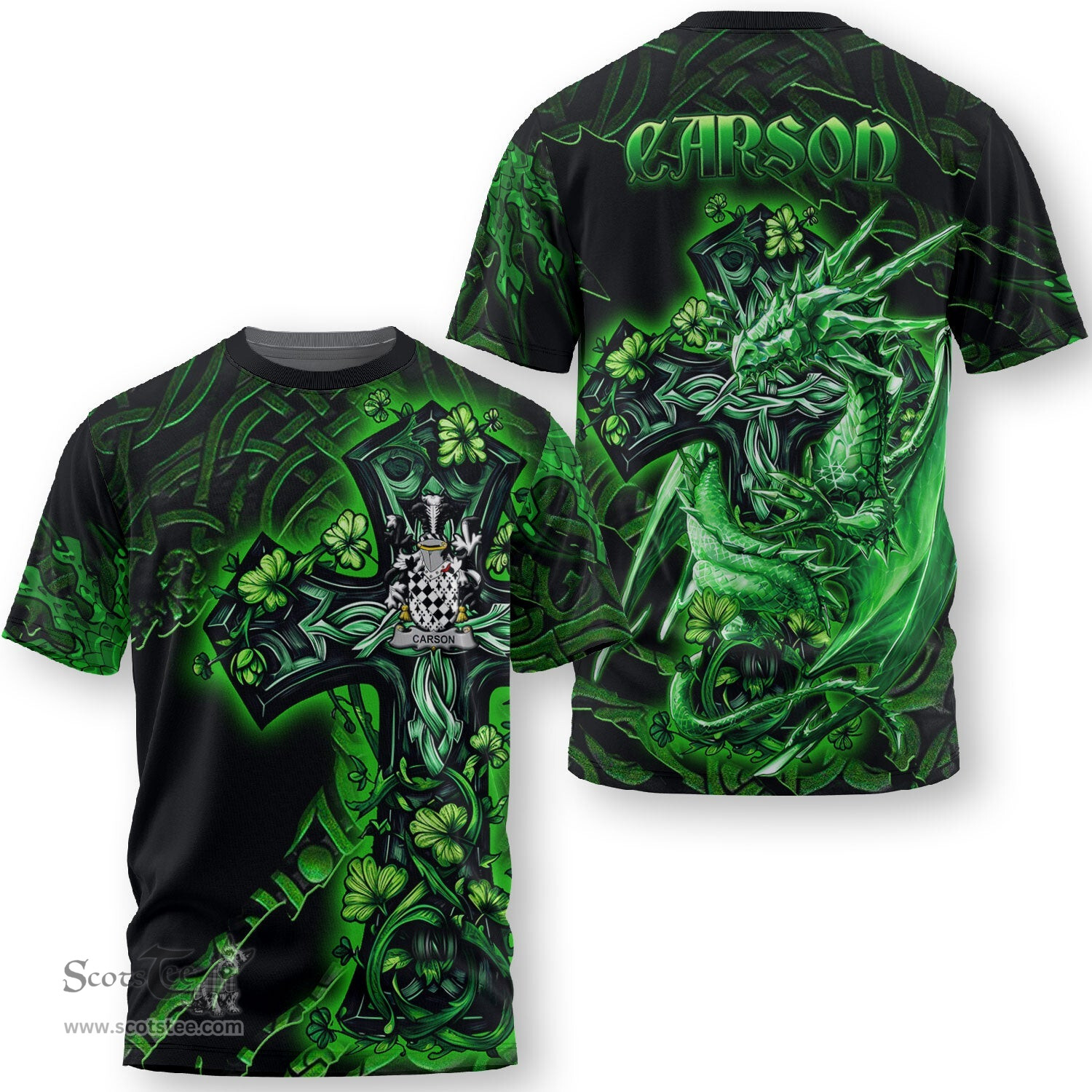 ScotsTee Shop Irish Carson Coat of Arms Irish T Shirt Family Crest Celtic Cross And Dragon T Shirt