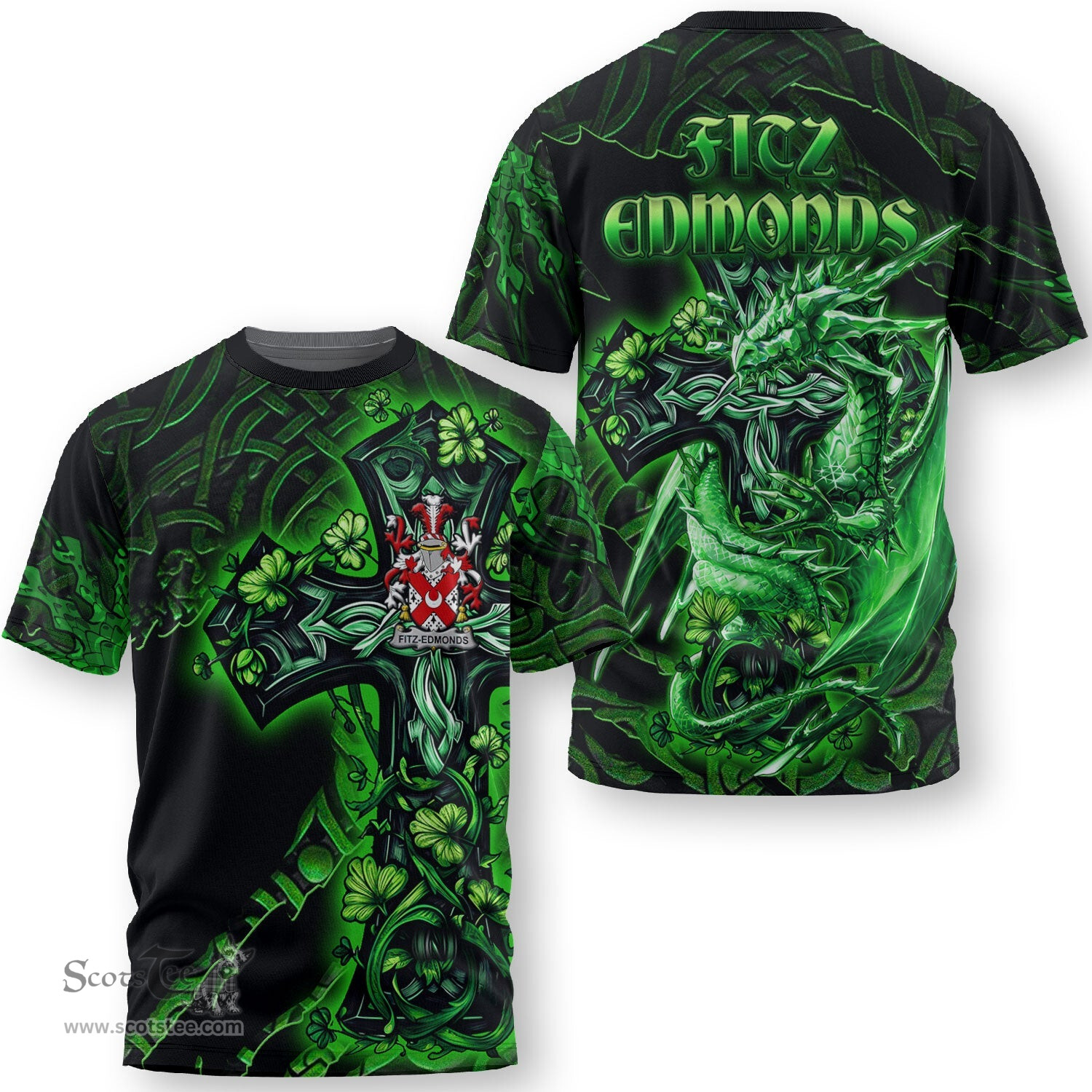 ScotsTee Shop Irish Fitz Edmonds Coat of Arms Irish T Shirt Family Crest Celtic Cross And Dragon T Shirt