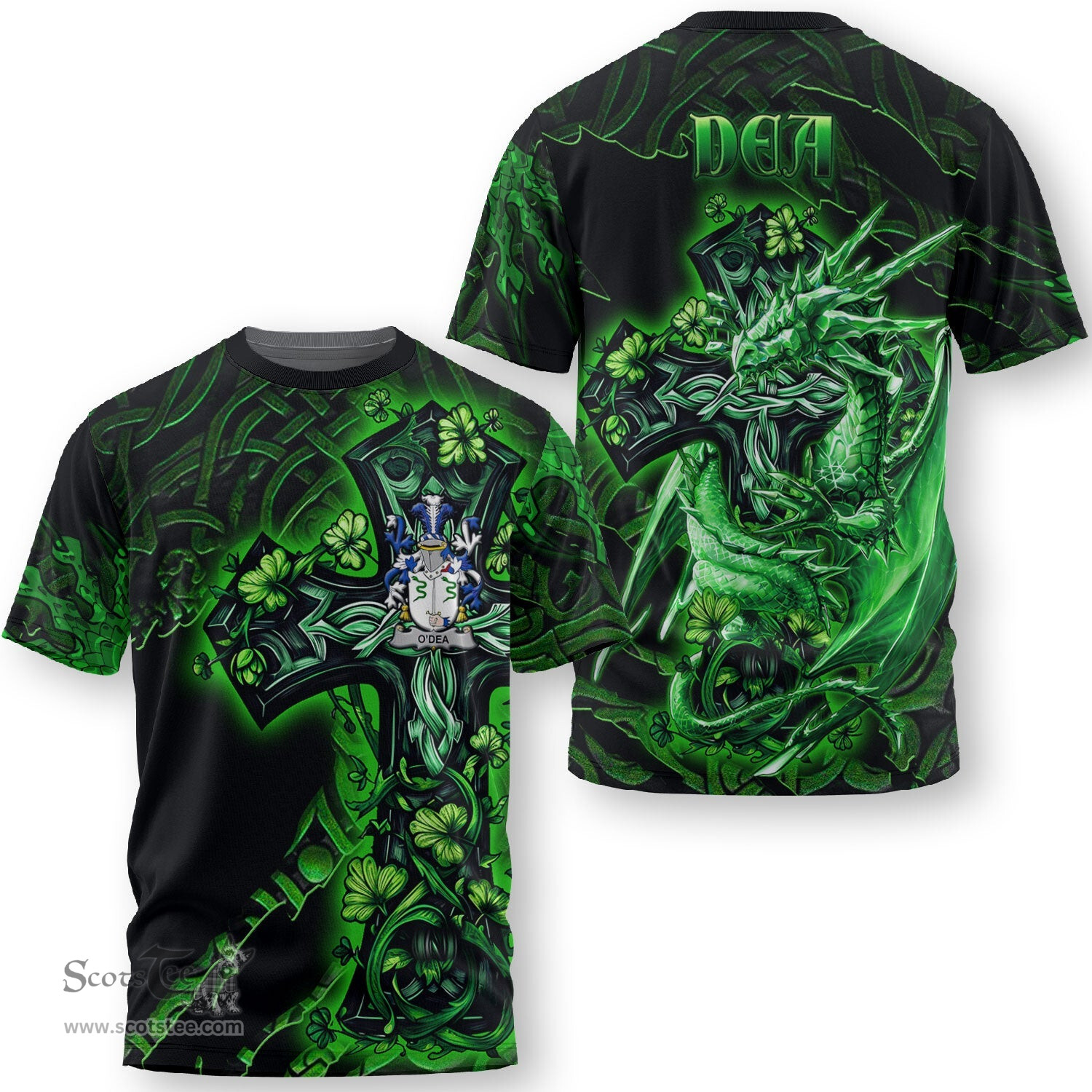 ScotsTee Shop Irish Dea or O Dea Coat of Arms Irish T Shirt Family Crest Celtic Cross And Dragon T Shirt