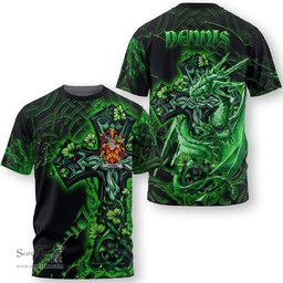ScotsTee Shop Irish Dennis Coat of Arms Irish T Shirt Family Crest Celtic Cross And Dragon T Shirt