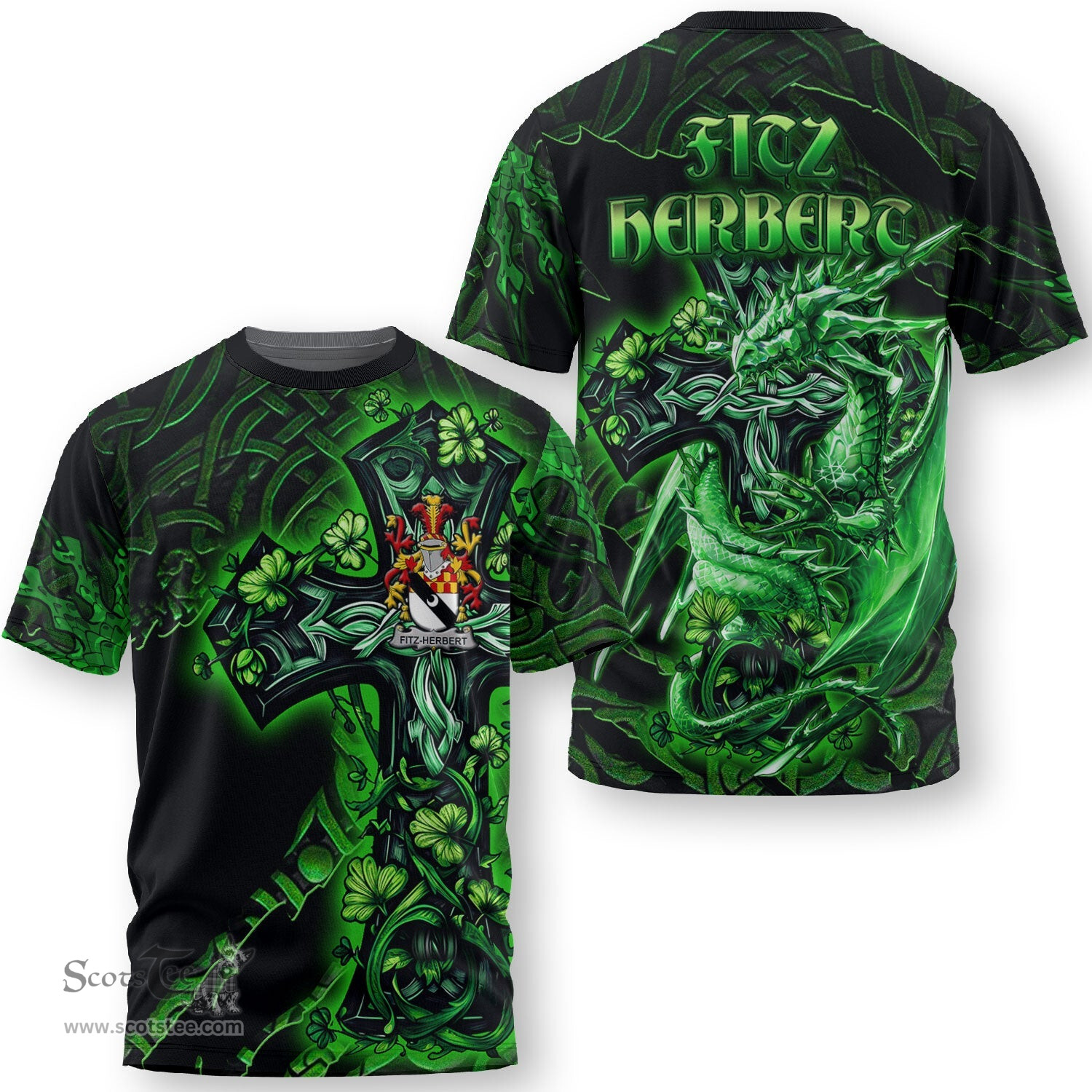 ScotsTee Shop Irish Fitz Herbert Coat of Arms Irish T Shirt Family Crest Celtic Cross And Dragon T Shirt