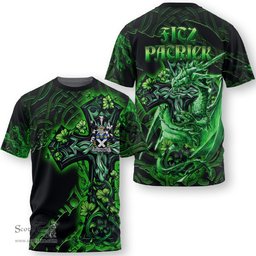 ScotsTee Shop Irish Fitz Patrick Coat of Arms Irish T Shirt Family Crest Celtic Cross And Dragon T Shirt