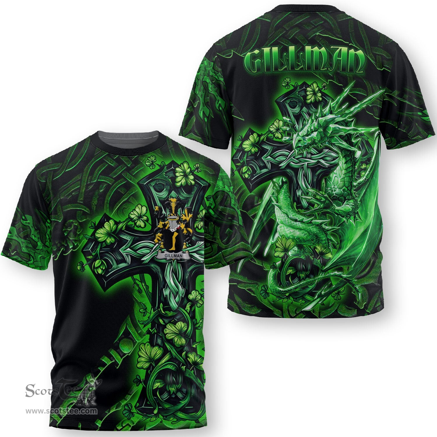 ScotsTee Shop Irish Gillman Coat of Arms Irish T Shirt Family Crest Celtic Cross And Dragon T Shirt
