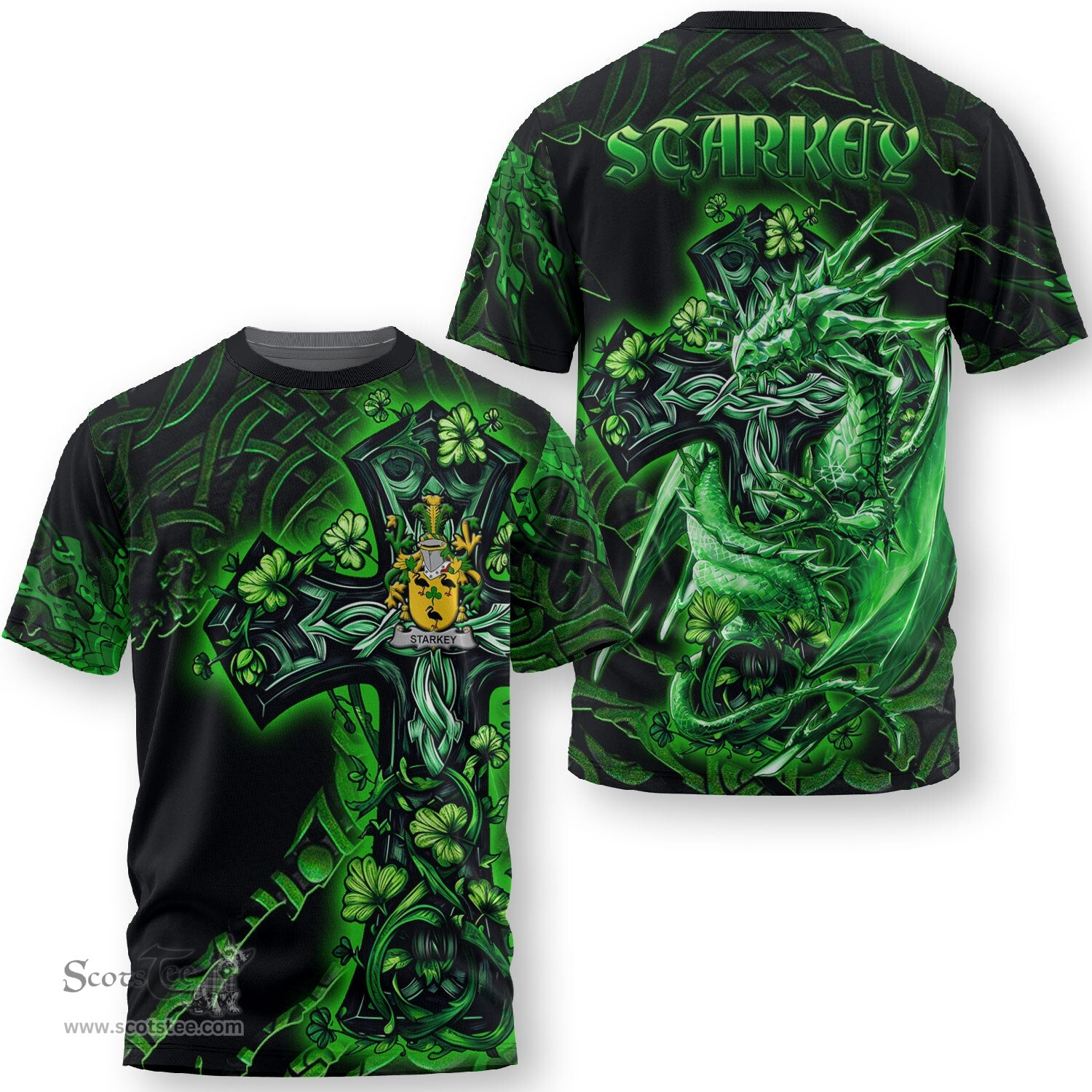 ScotsTee Shop Irish Starkey Coat of Arms Irish T Shirt Family Crest Celtic Cross And Dragon T Shirt