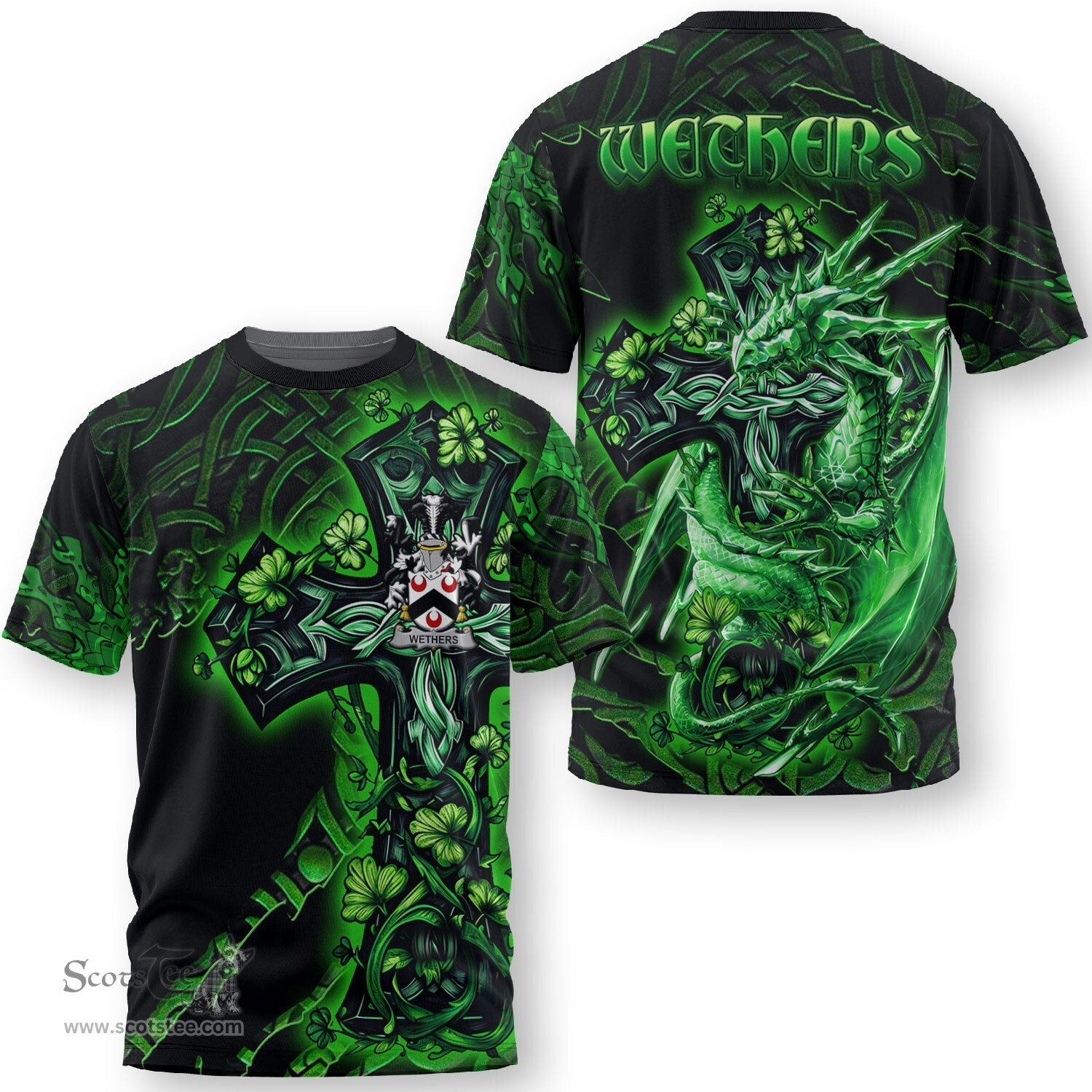ScotsTee Shop Irish Wethers Coat of Arms Irish T Shirt Family Crest Celtic Cross And Dragon T Shirt
