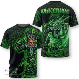 ScotsTee Shop Irish Whitchurch Coat of Arms Irish T Shirt Family Crest Celtic Cross And Dragon T Shirt