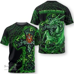 ScotsTee Shop Irish Quartermaines Coat of Arms Irish T Shirt Family Crest Celtic Cross And Dragon T Shirt