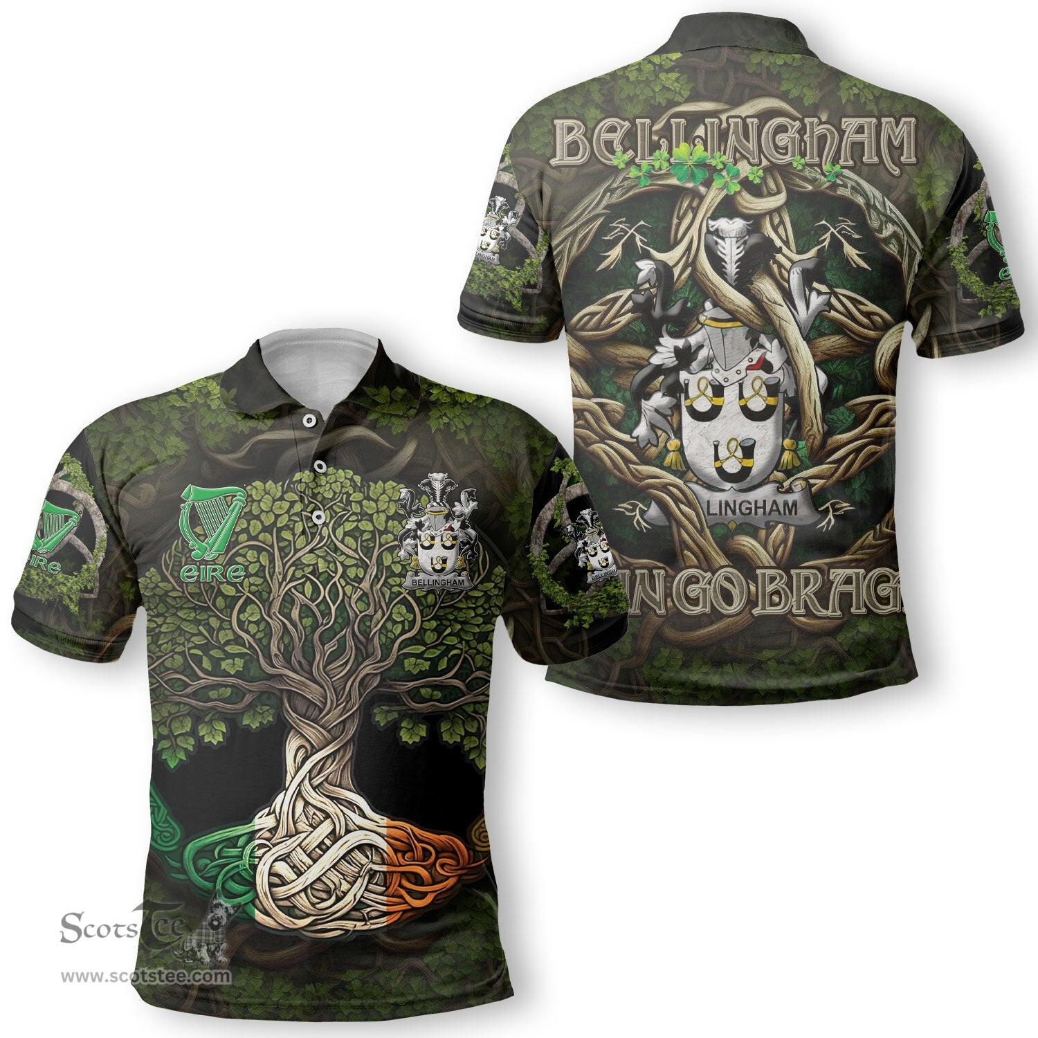 ScotsTee Shop Irish Bellingham Coat of Arms Irish Polo Shirt Family Crest Irish Is My Root Polo Shirt