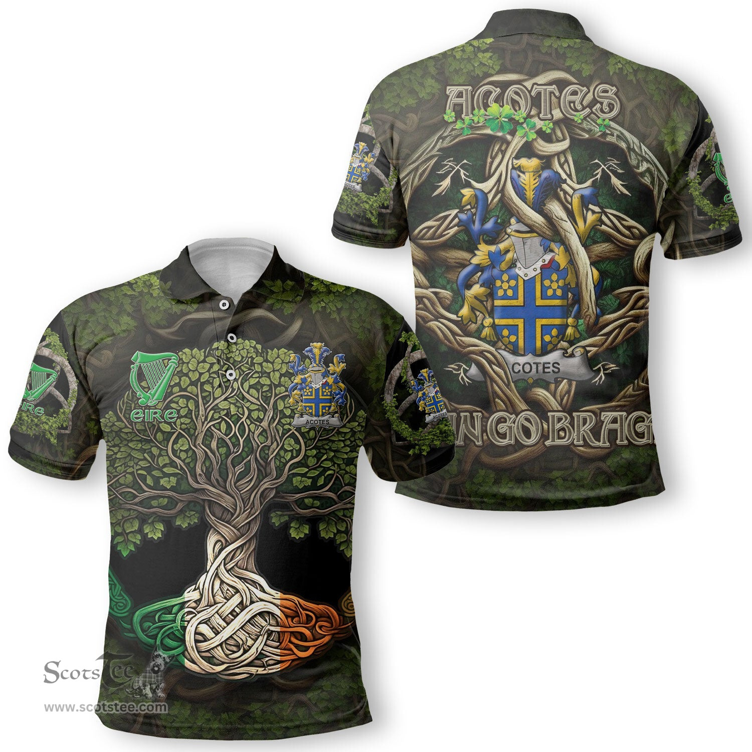 ScotsTee Shop Irish Acotes Coat of Arms Irish Polo Shirt Family Crest Irish Is My Root Polo Shirt