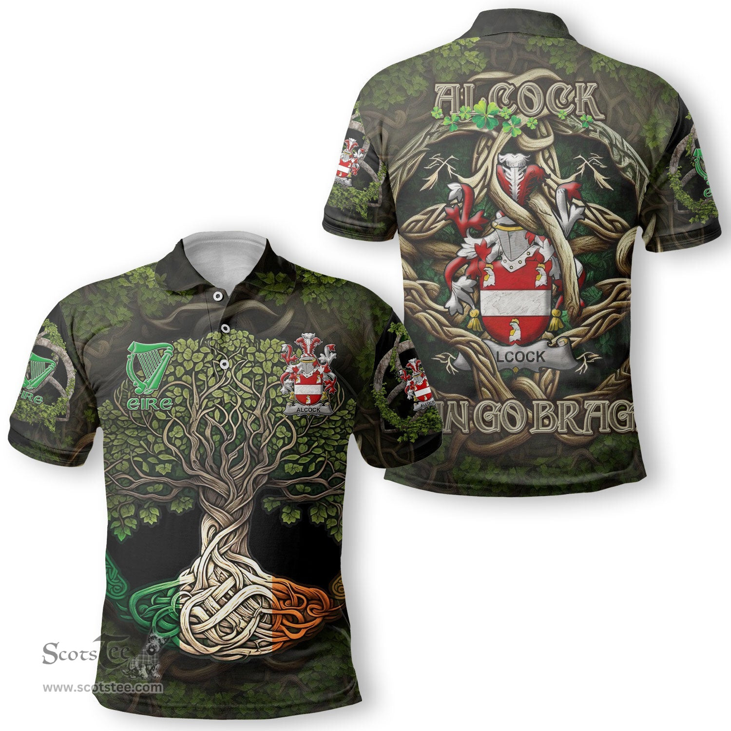 ScotsTee Shop Irish Alcock Coat of Arms Irish Polo Shirt Family Crest Irish Is My Root Polo Shirt
