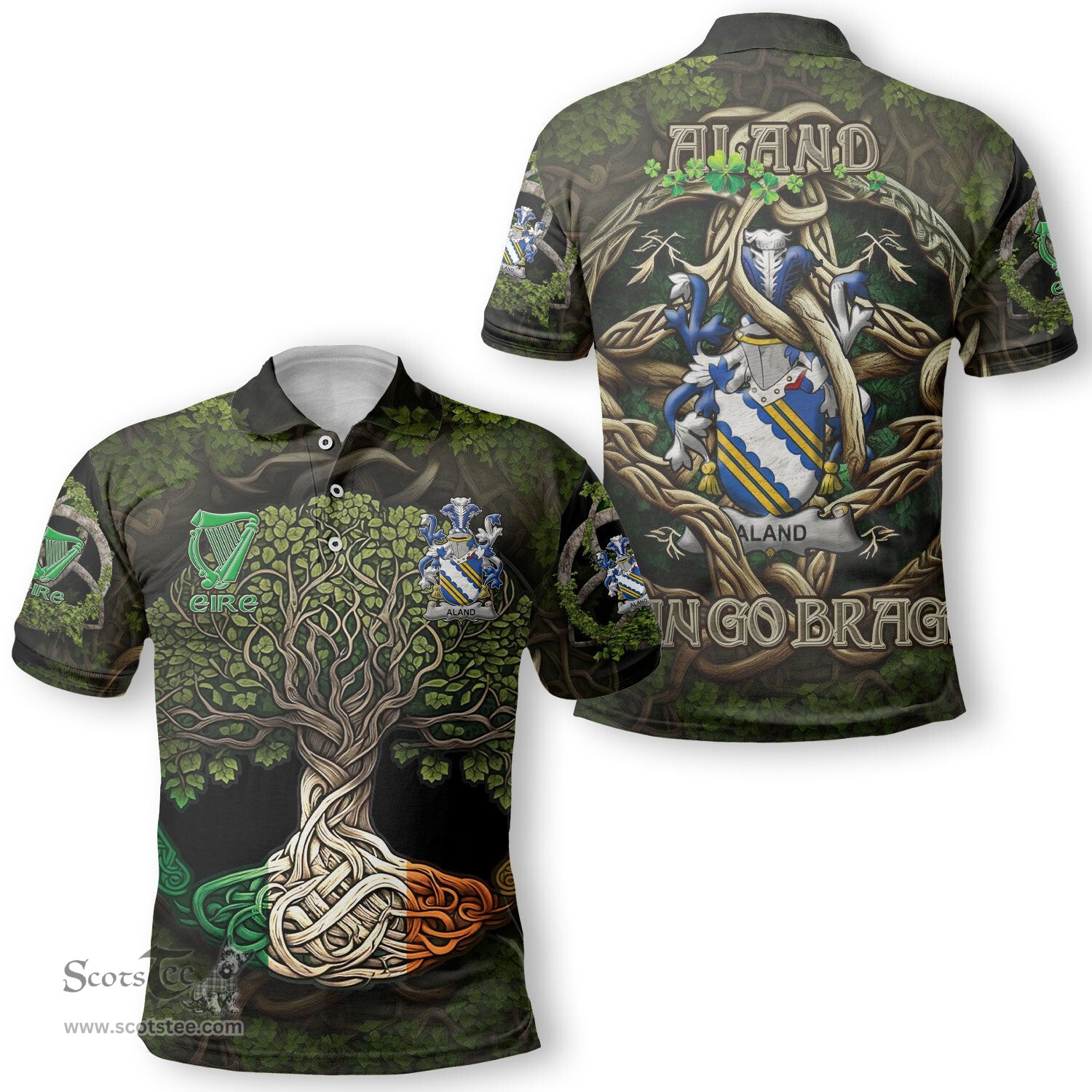 ScotsTee Shop Irish Aland Coat of Arms Irish Polo Shirt Family Crest Irish Is My Root Polo Shirt