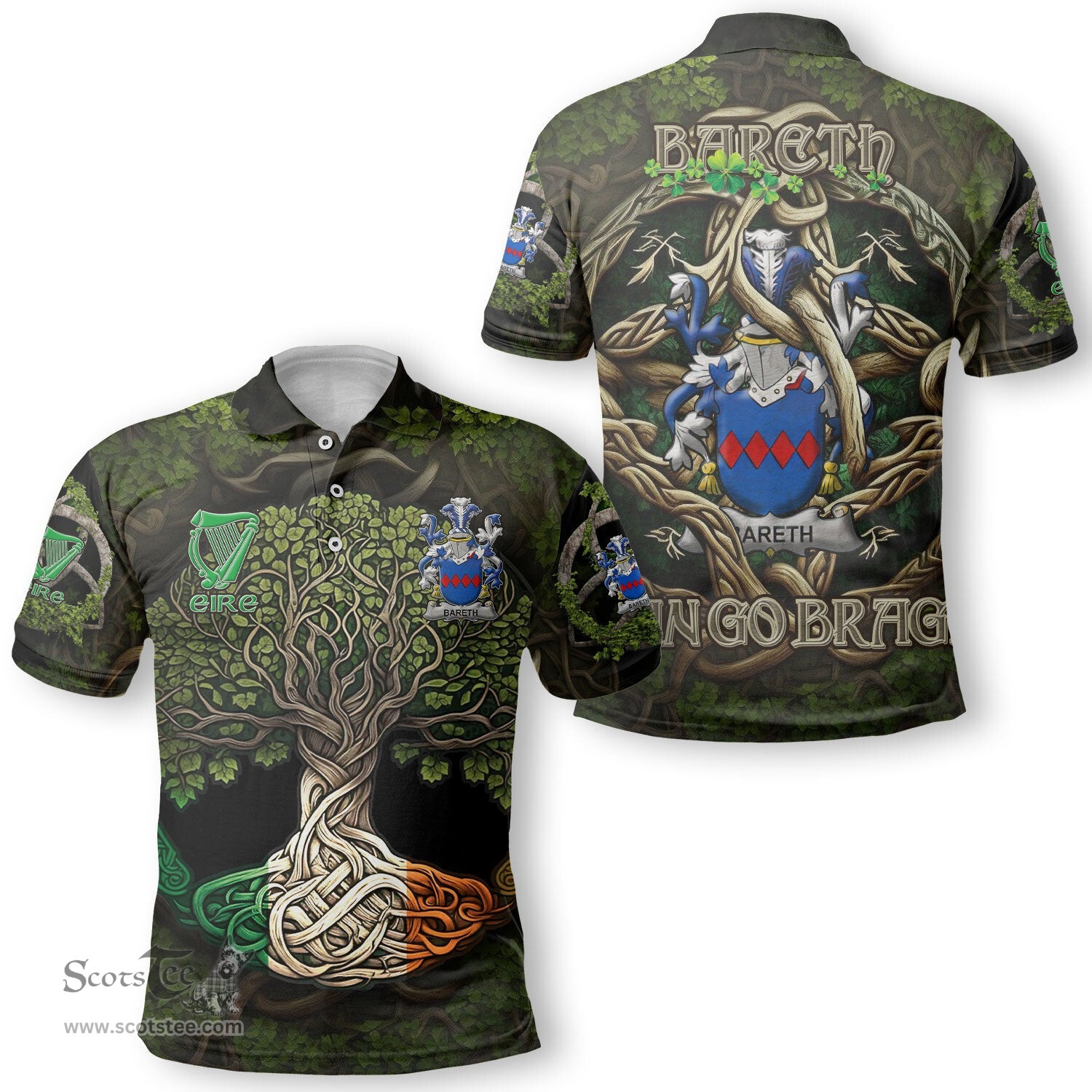 ScotsTee Shop Irish Bareth Coat of Arms Irish Polo Shirt Family Crest Irish Is My Root Polo Shirt
