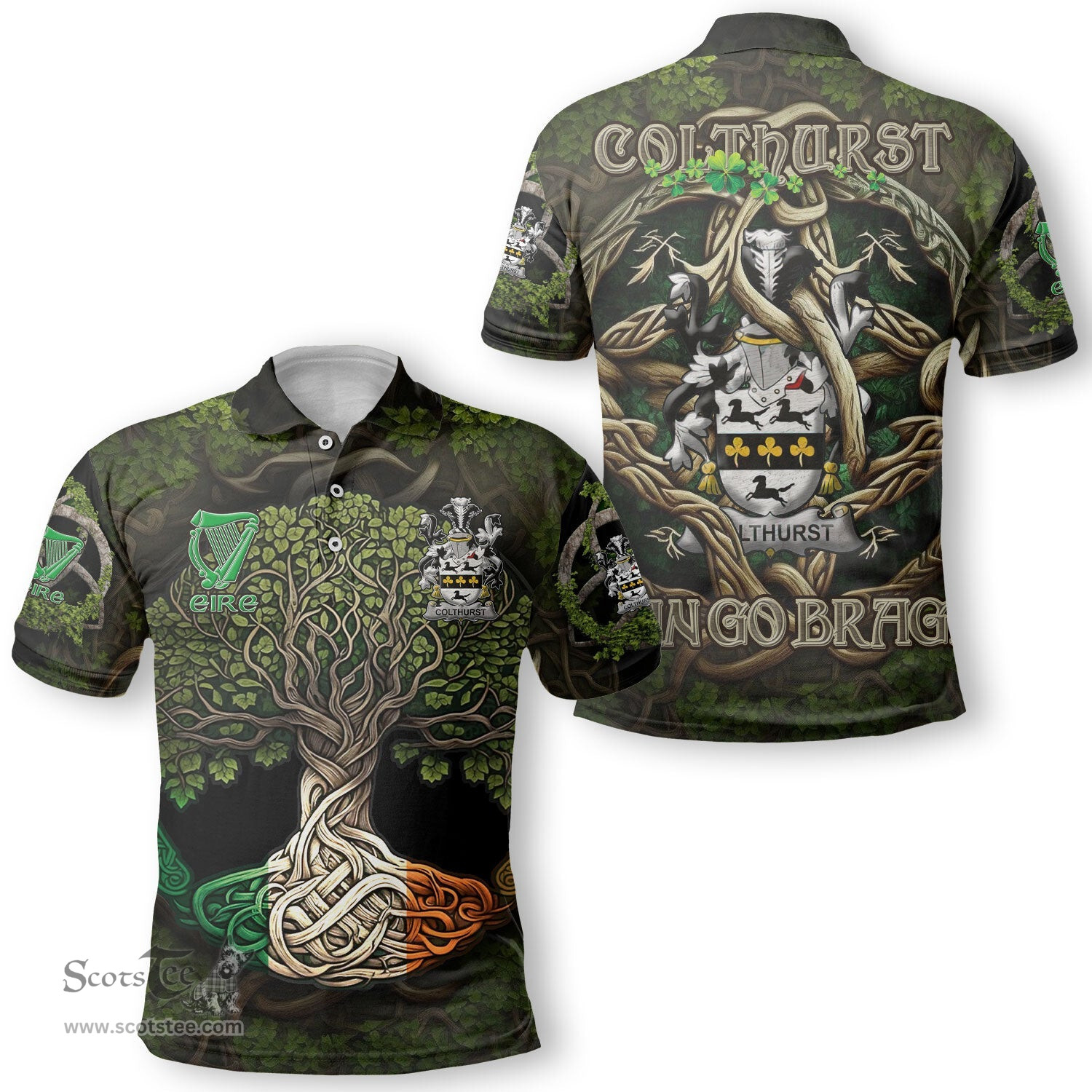 ScotsTee Shop Irish Colthurst Coat of Arms Irish Polo Shirt Family Crest Irish Is My Root Polo Shirt