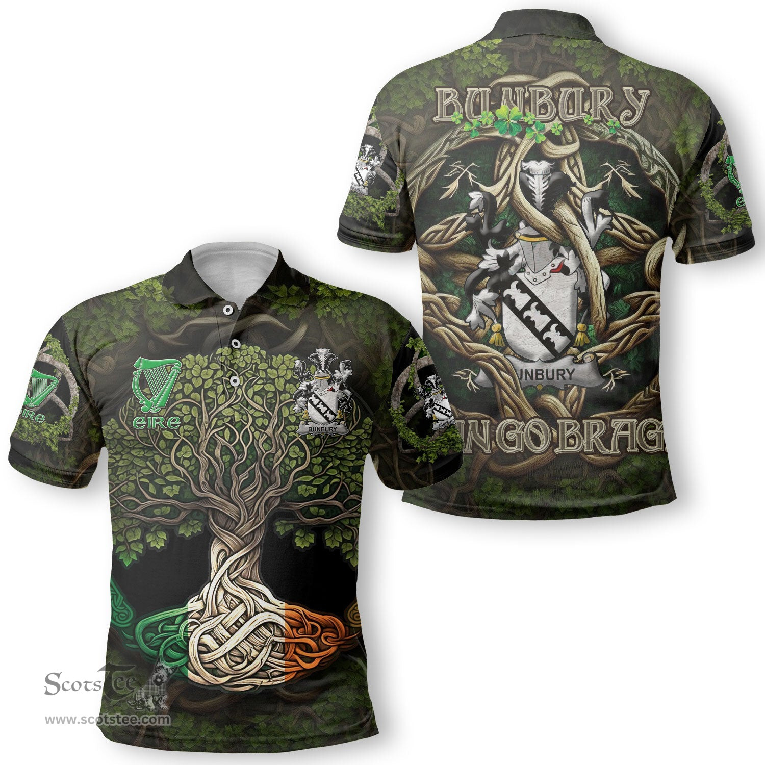 ScotsTee Shop Irish Bunbury Coat of Arms Irish Polo Shirt Family Crest Irish Is My Root Polo Shirt