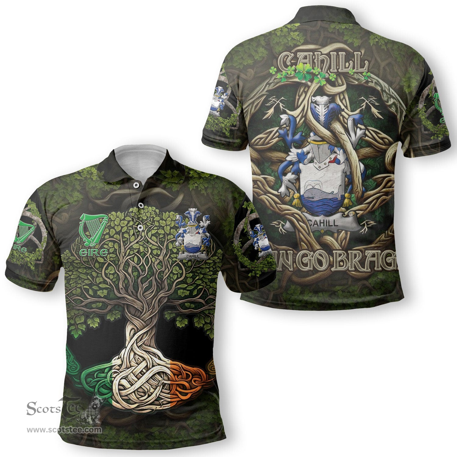 ScotsTee Shop Irish Cahill or O Cahill Coat of Arms Irish Polo Shirt Family Crest Irish Is My Root Polo Shirt