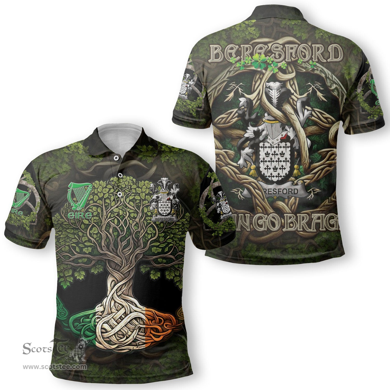 ScotsTee Shop Irish Beresford Coat of Arms Irish Polo Shirt Family Crest Irish Is My Root Polo Shirt