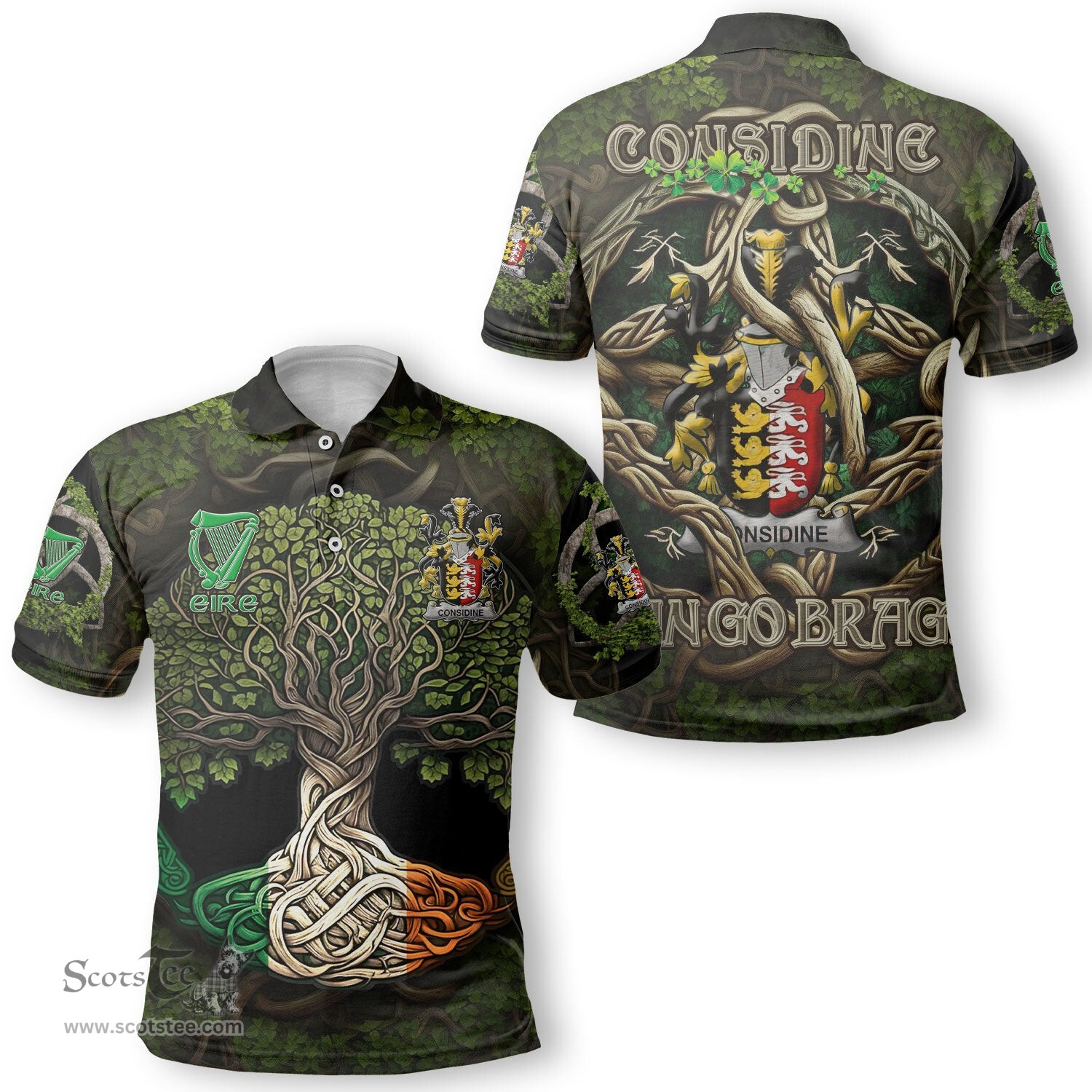 ScotsTee Shop Irish Considine or McConsidine Coat of Arms Irish Polo Shirt Family Crest Irish Is My Root Polo Shirt