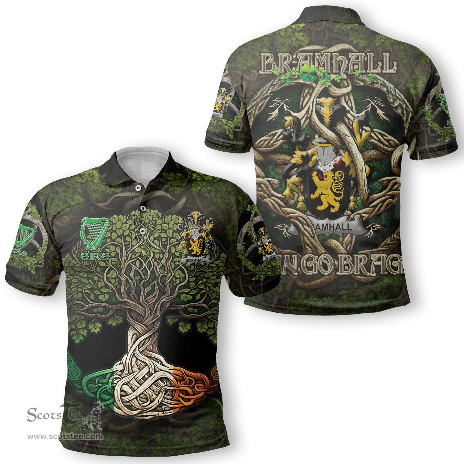 ScotsTee Shop Irish Bramhall Coat of Arms Irish Polo Shirt Family Crest Irish Is My Root Polo Shirt